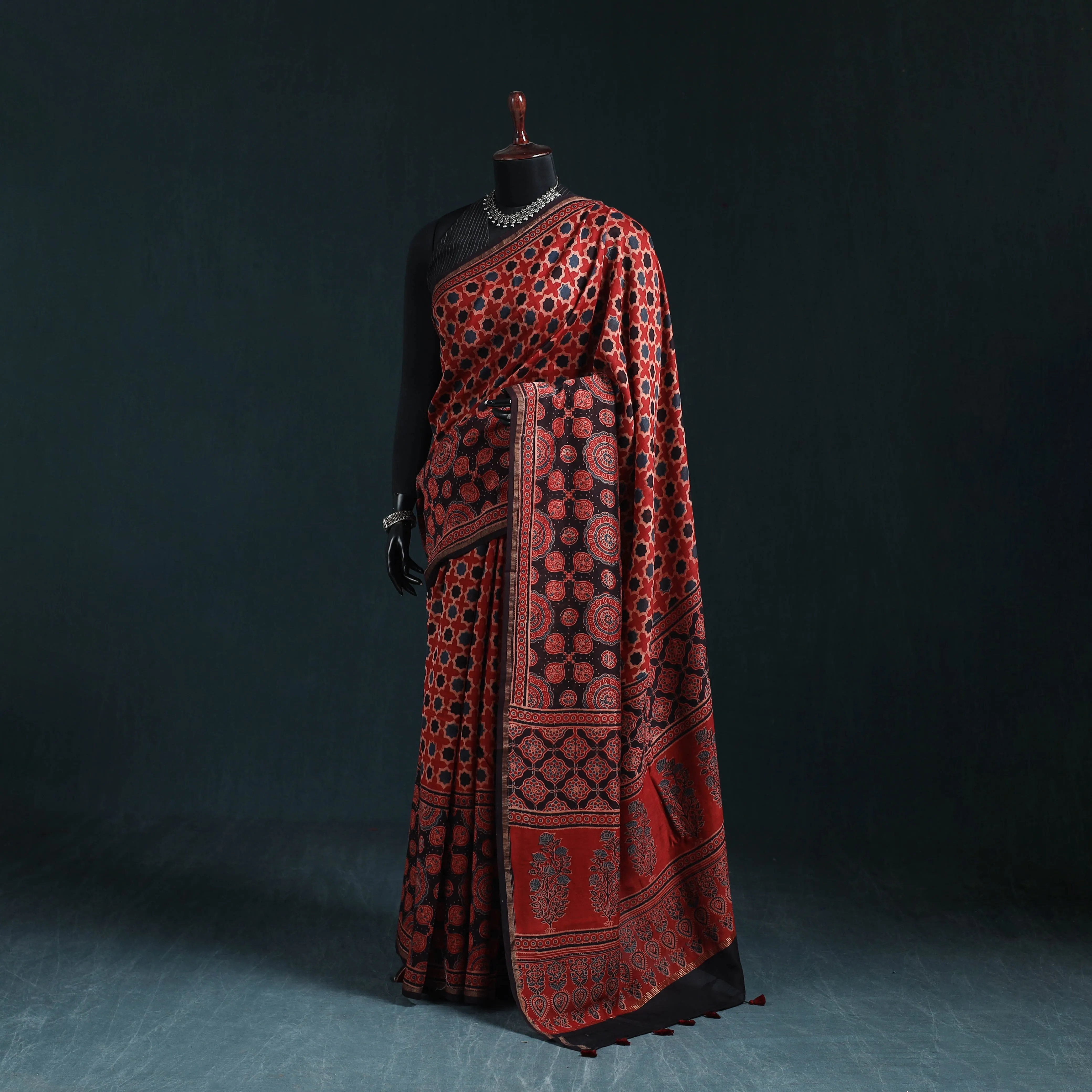 Red - Hand Block Print Natural Dyed Chanderi Silk Ajrakh Saree 14 sold by Itokri