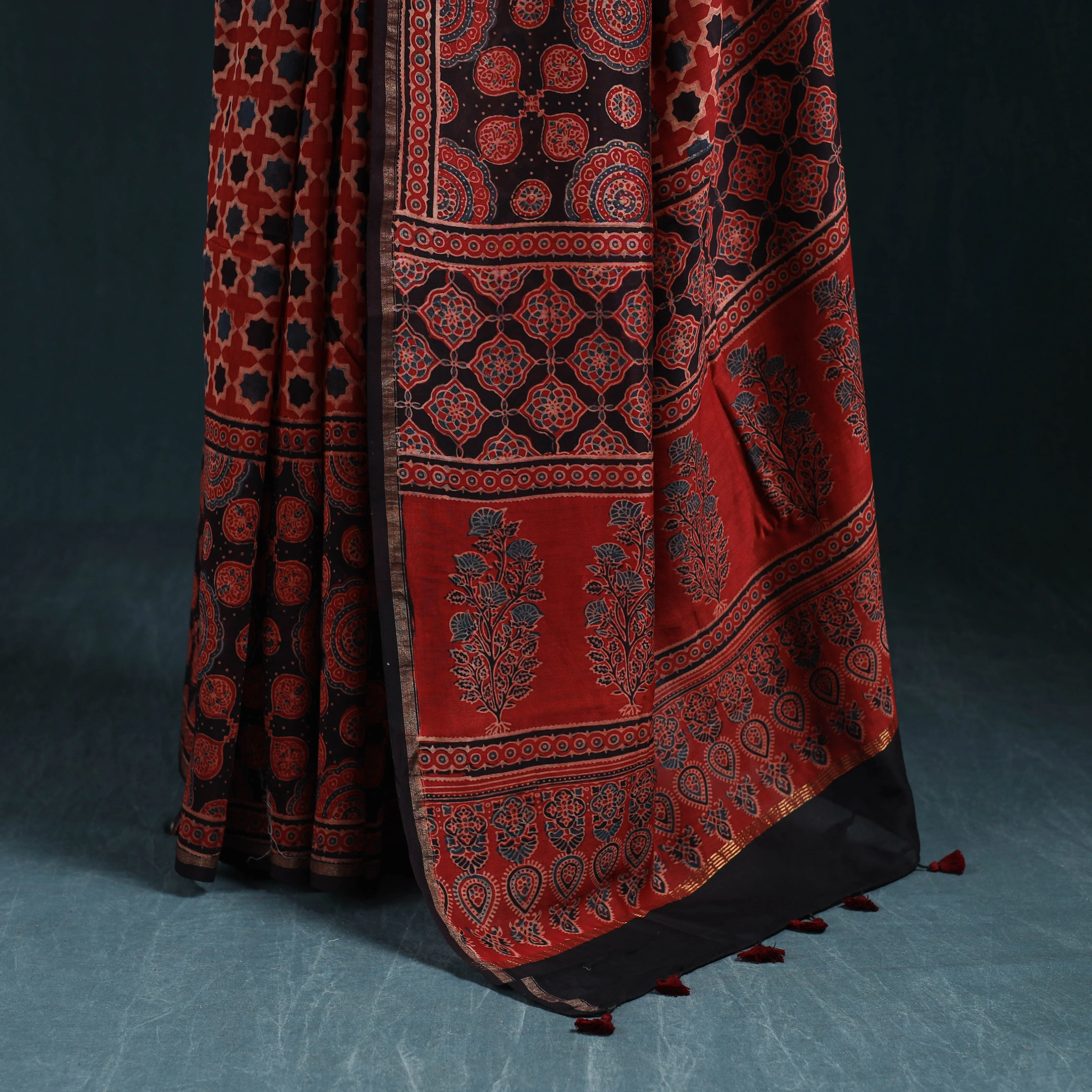 Red - Hand Block Print Natural Dyed Chanderi Silk Ajrakh Saree 14 sold by Itokri product image thumbnail 4