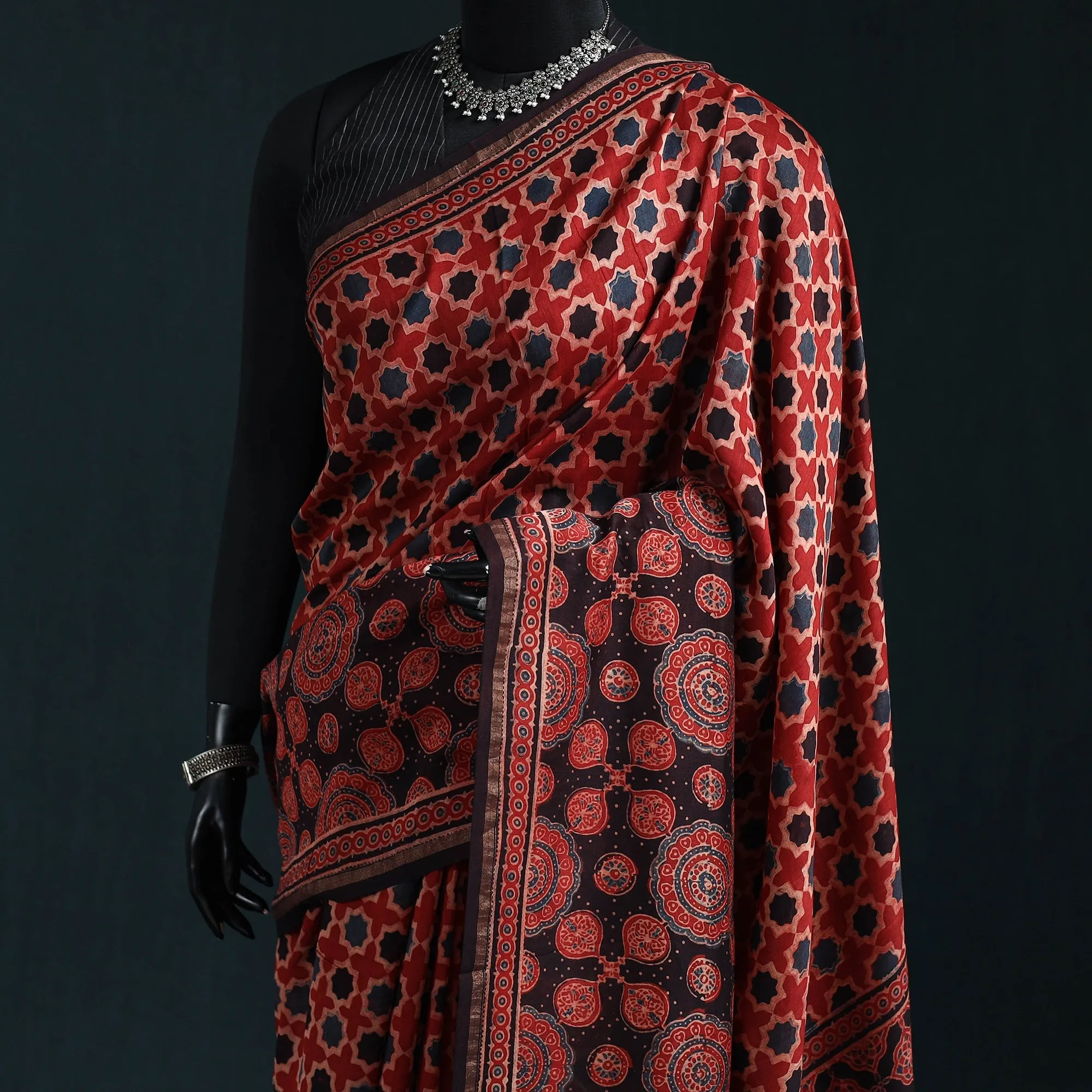 Red - Hand Block Print Natural Dyed Chanderi Silk Ajrakh Saree 14 sold by Itokri product image thumbnail 2