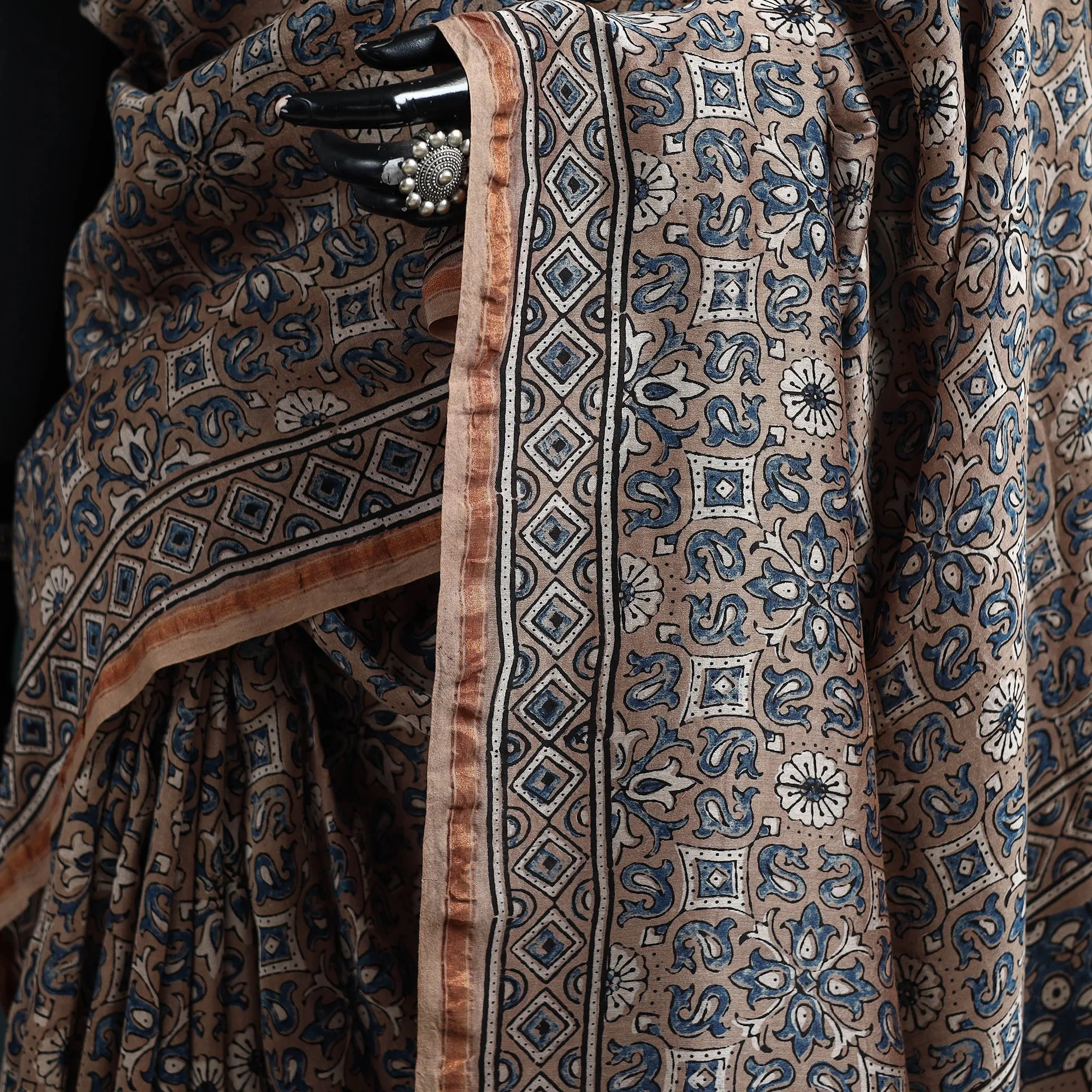 Peach - Hand Block Print Natural Dyed Chanderi Silk Ajrakh Saree 13 sold by Itokri product image thumbnail 3