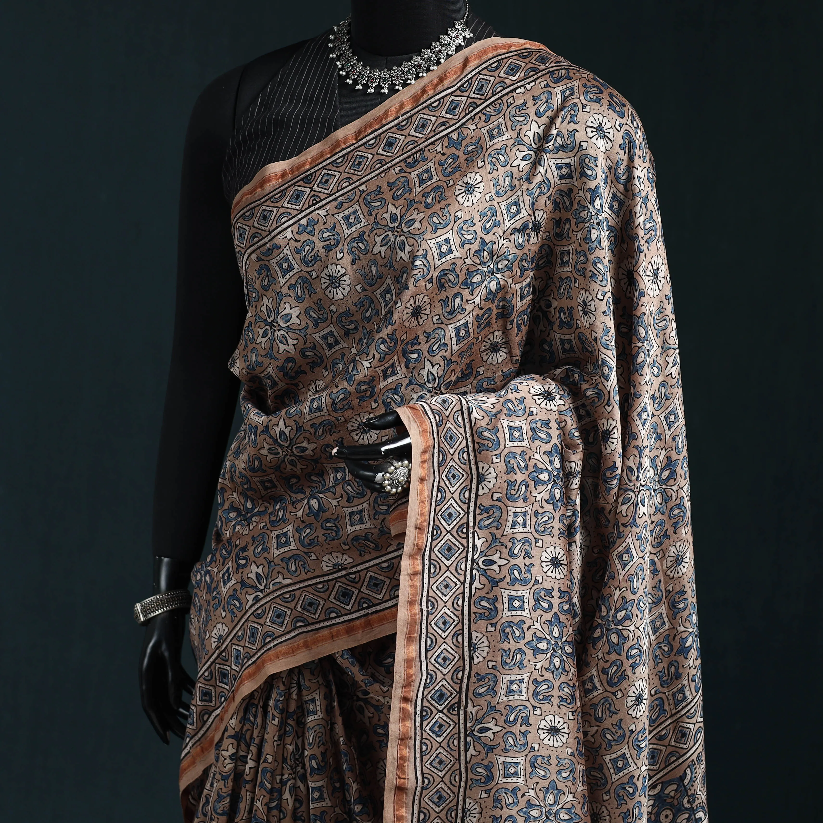 Peach - Hand Block Print Natural Dyed Chanderi Silk Ajrakh Saree 13 sold by Itokri product image thumbnail 2