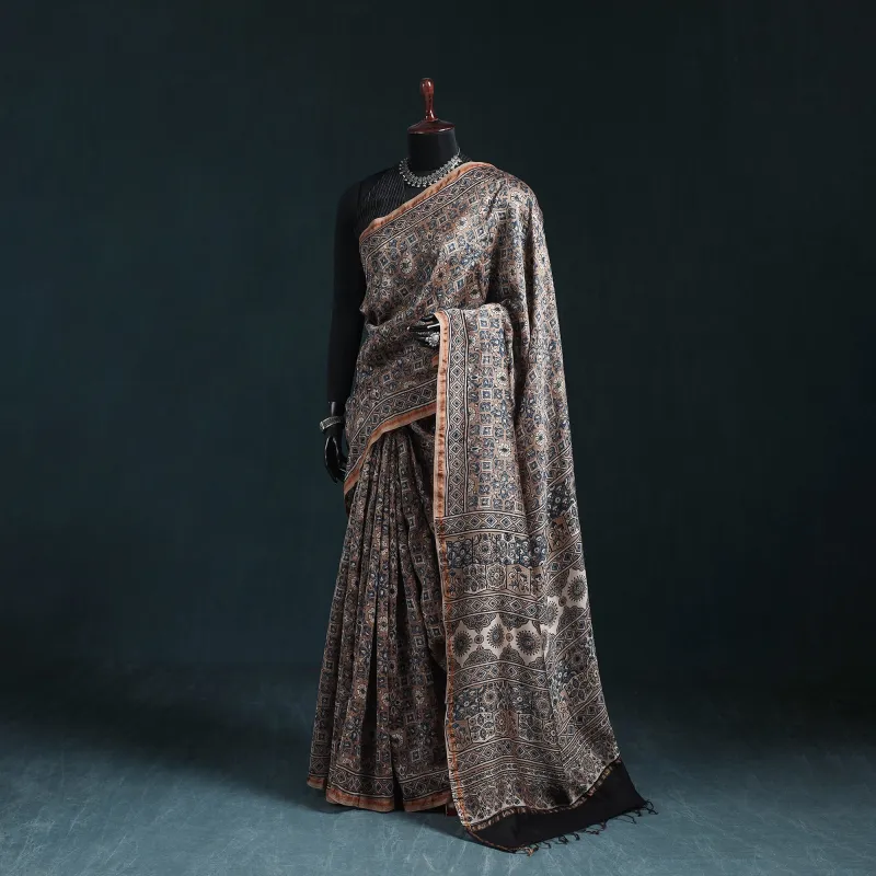Peach - Hand Block Print Natural Dyed Chanderi Silk Ajrakh Saree 13 made by Itokri