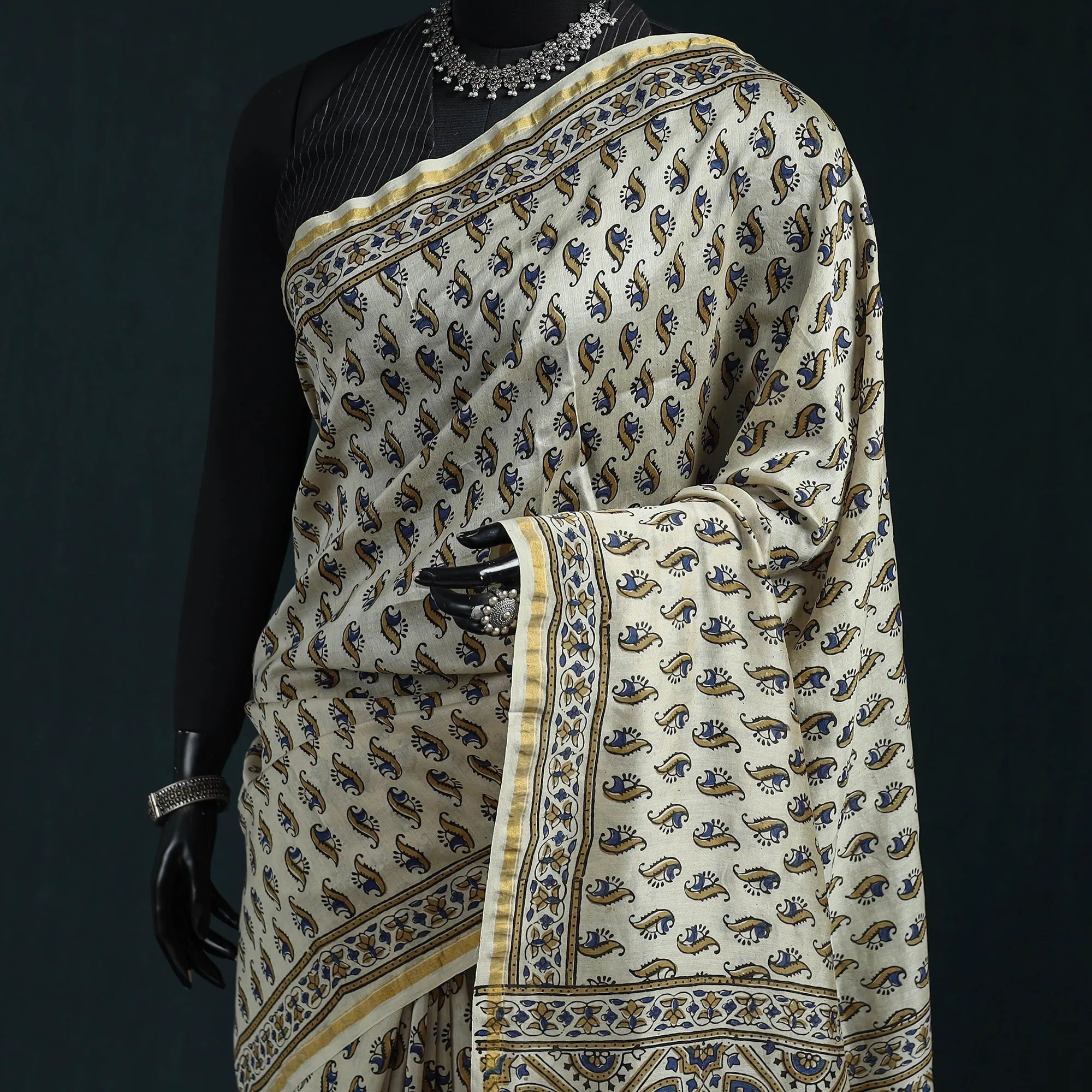 Beige - Hand Block Print Natural Dyed Chanderi Silk Ajrakh Saree 12 sold by Itokri product image thumbnail 2