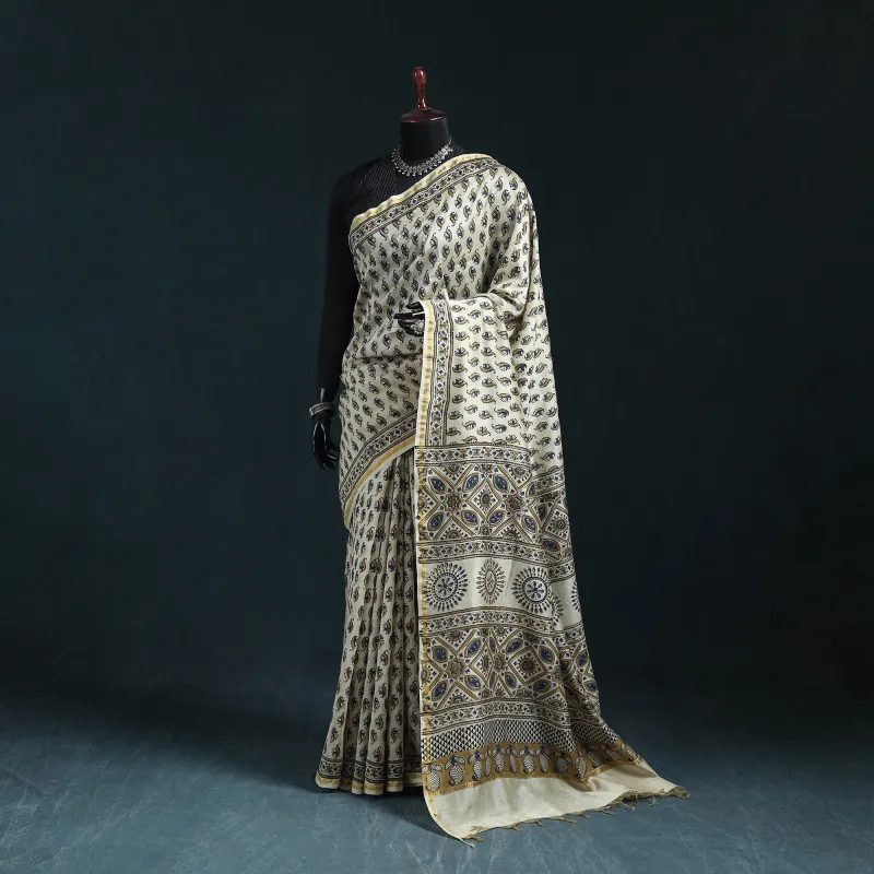 Beige - Hand Block Print Natural Dyed Chanderi Silk Ajrakh Saree 12 made by Itokri