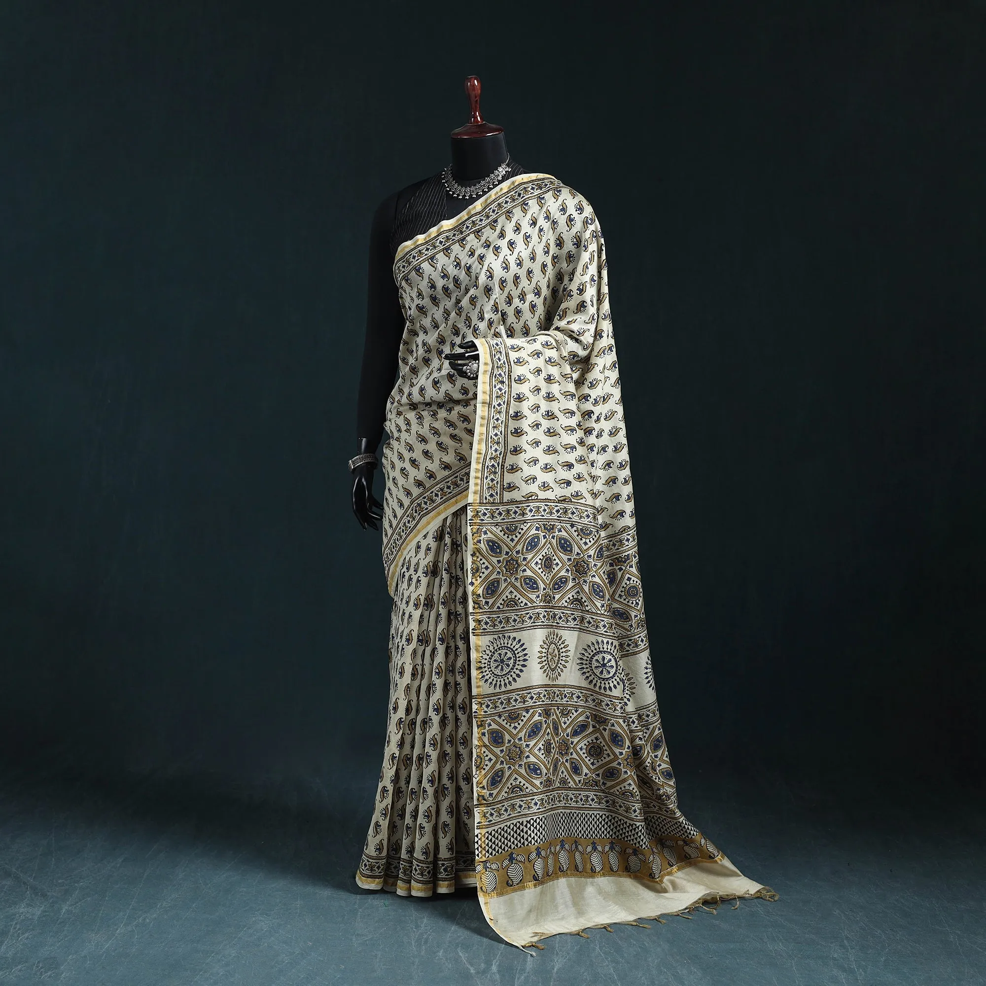 Beige - Hand Block Print Natural Dyed Chanderi Silk Ajrakh Saree 12 sold by Itokri