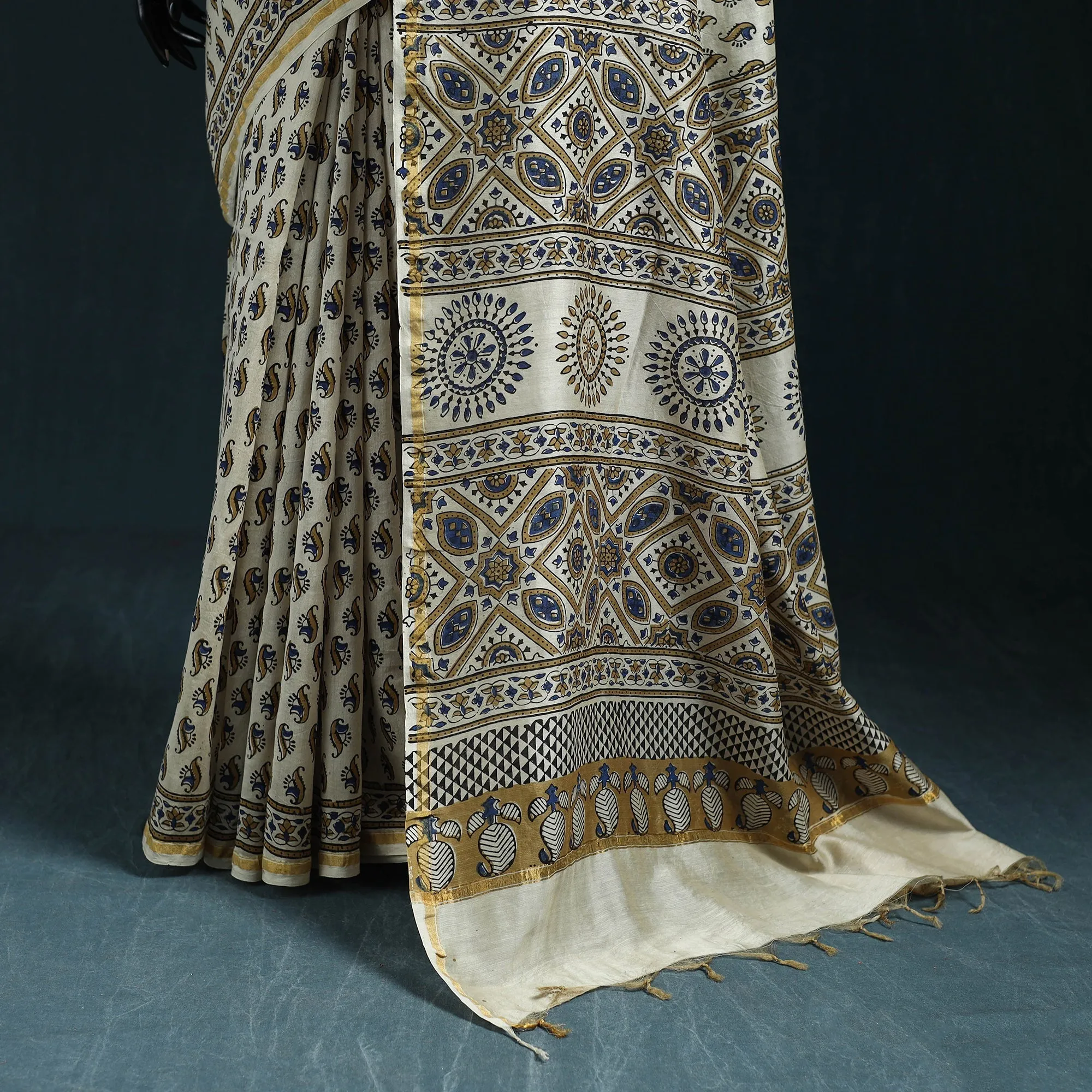 Beige - Hand Block Print Natural Dyed Chanderi Silk Ajrakh Saree 12 sold by Itokri product image thumbnail 4