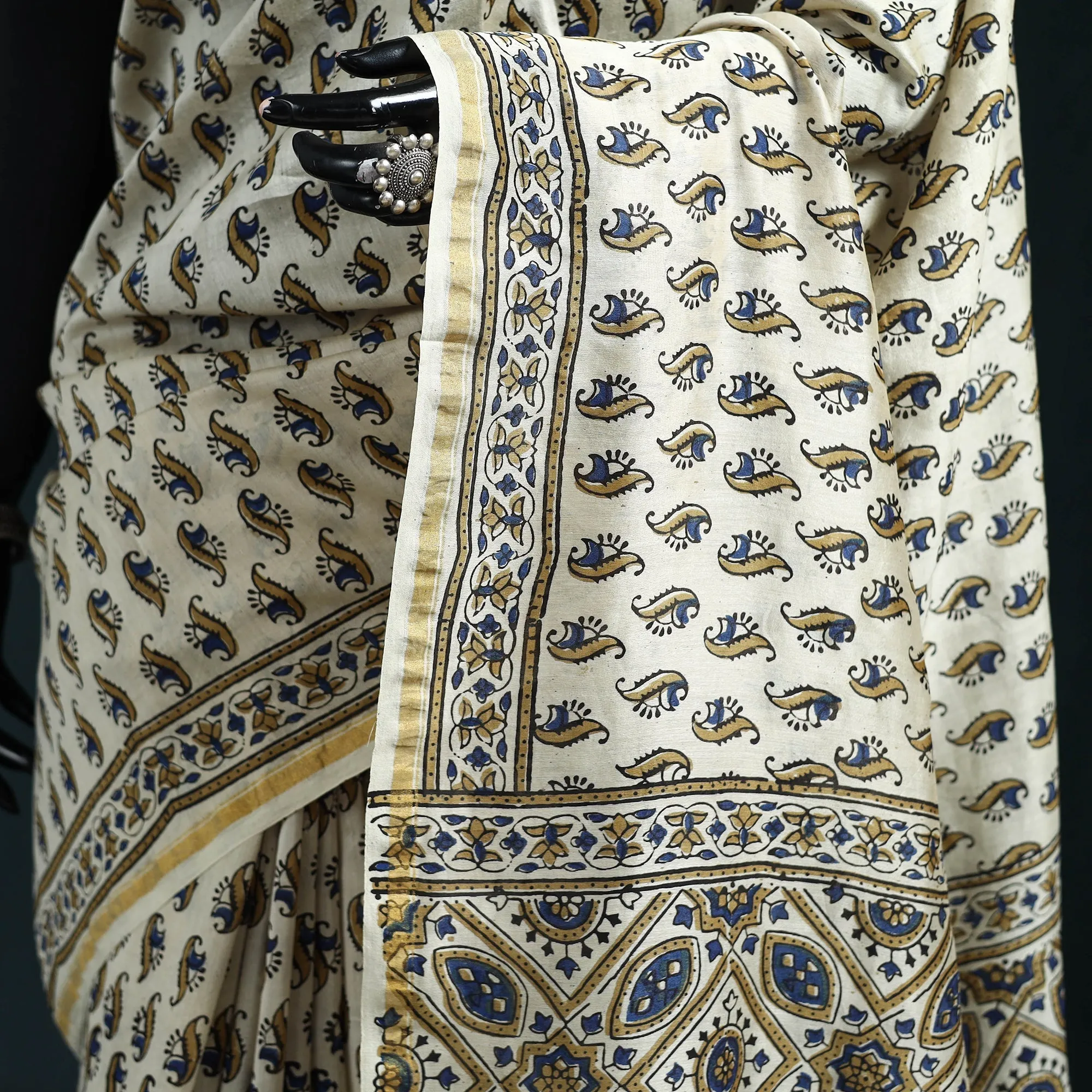 Beige - Hand Block Print Natural Dyed Chanderi Silk Ajrakh Saree 12 sold by Itokri product image thumbnail 3