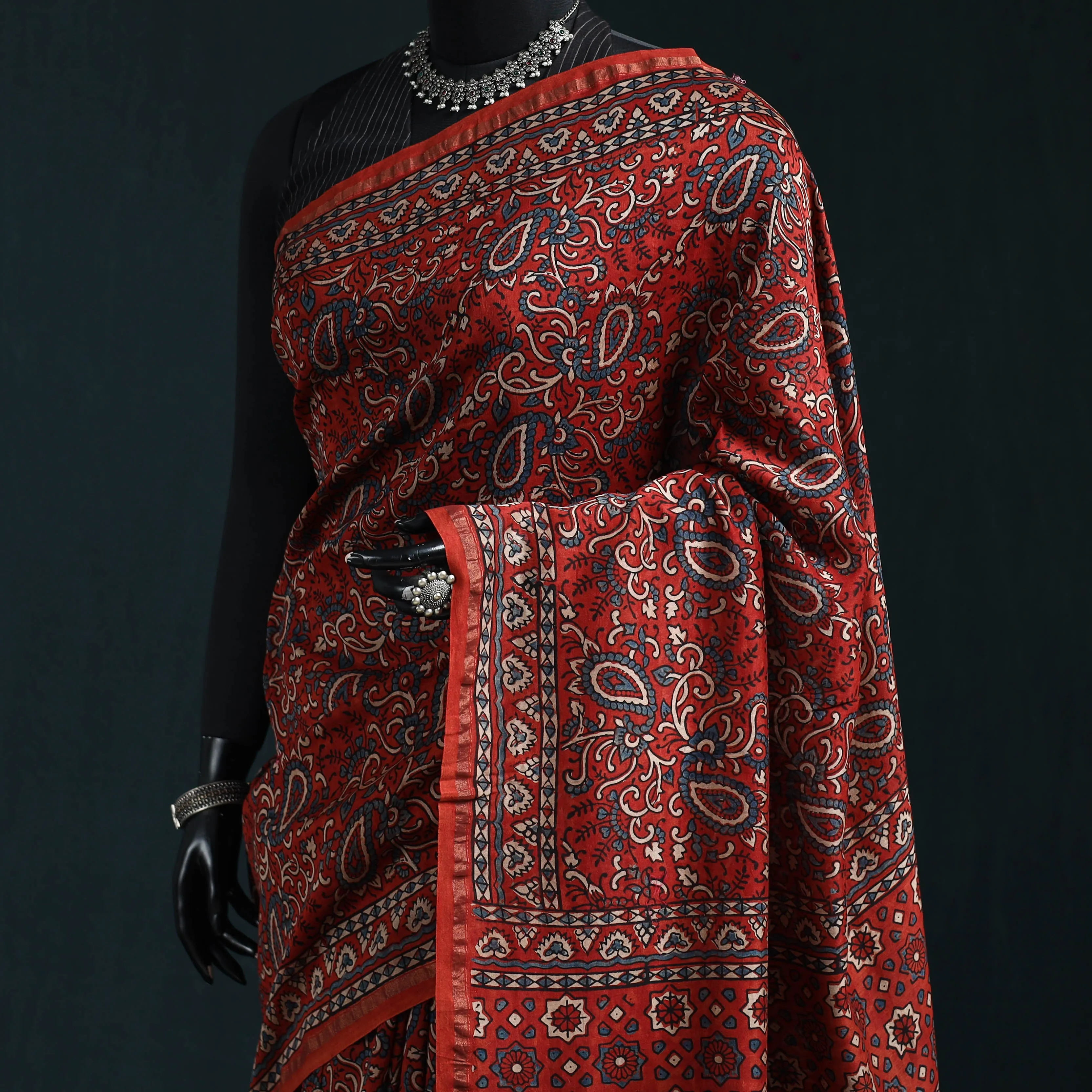 Red - Hand Block Print Natural Dyed Chanderi Silk Ajrakh Saree 17 sold by Itokri product image thumbnail 2