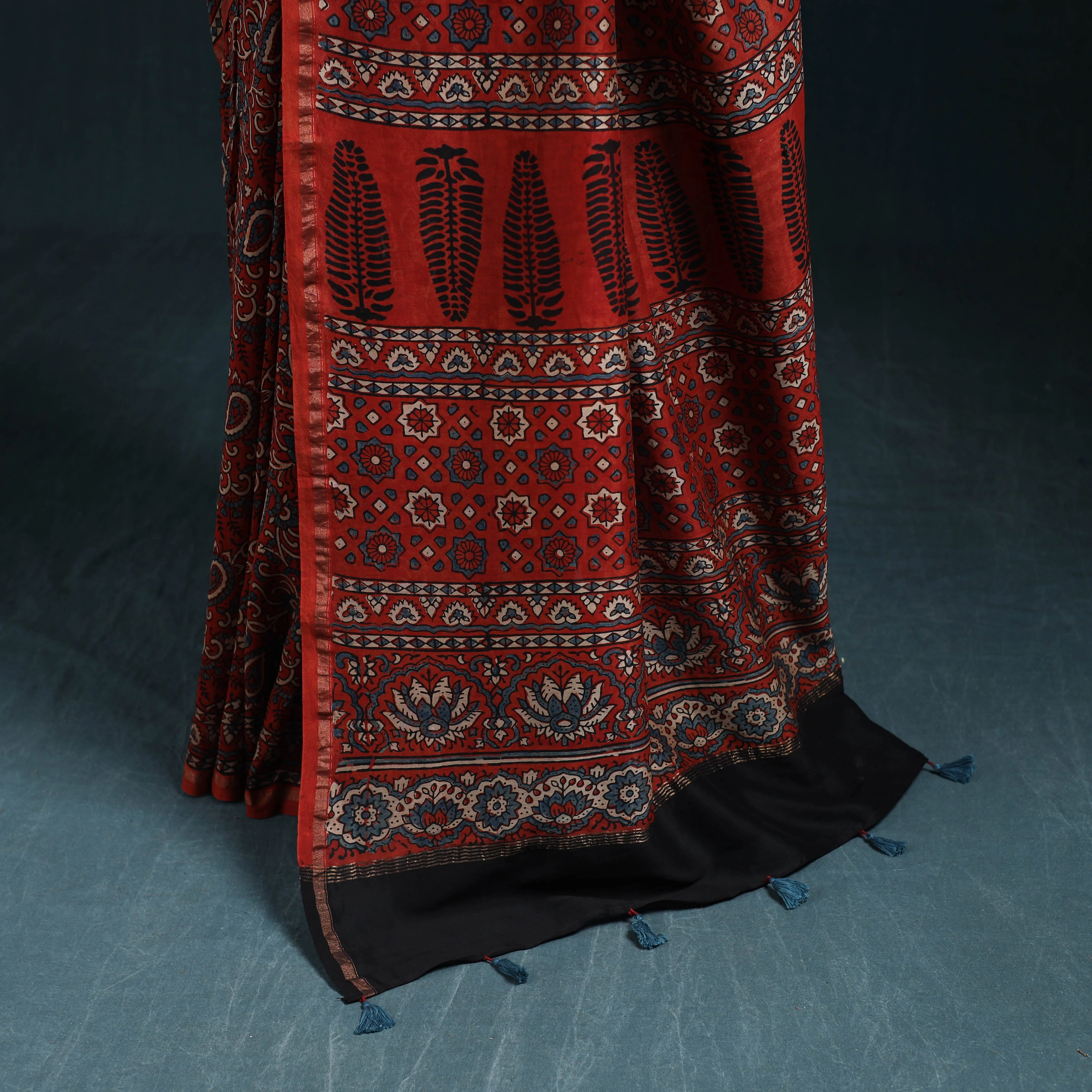 Red - Hand Block Print Natural Dyed Chanderi Silk Ajrakh Saree 17 sold by Itokri product image thumbnail 4
