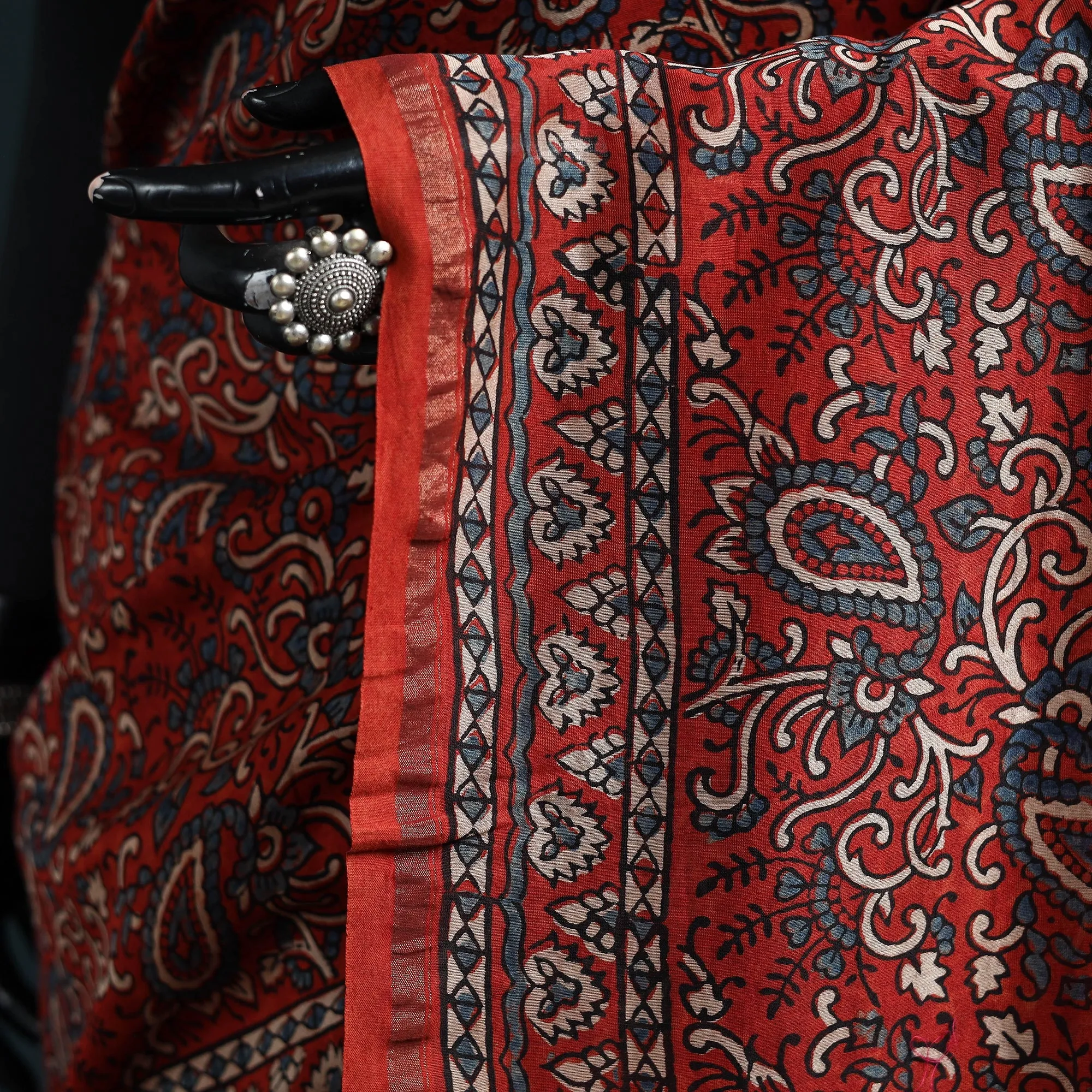 Red - Hand Block Print Natural Dyed Chanderi Silk Ajrakh Saree 17 sold by Itokri product image thumbnail 3