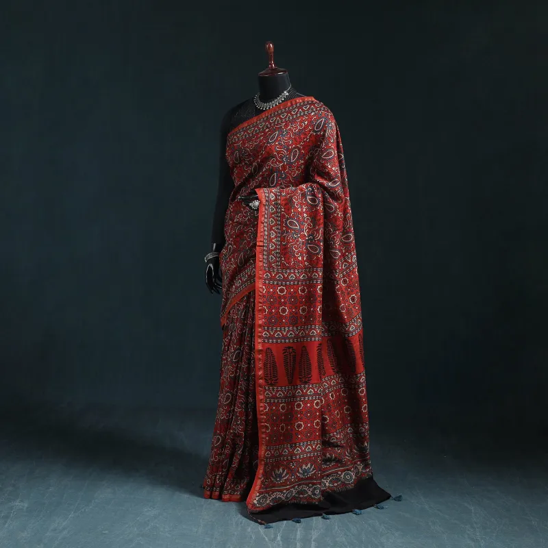 Hand Block Print Natural Dyed Chanderi Silk Ajrakh Saree 17 made by Itokri
