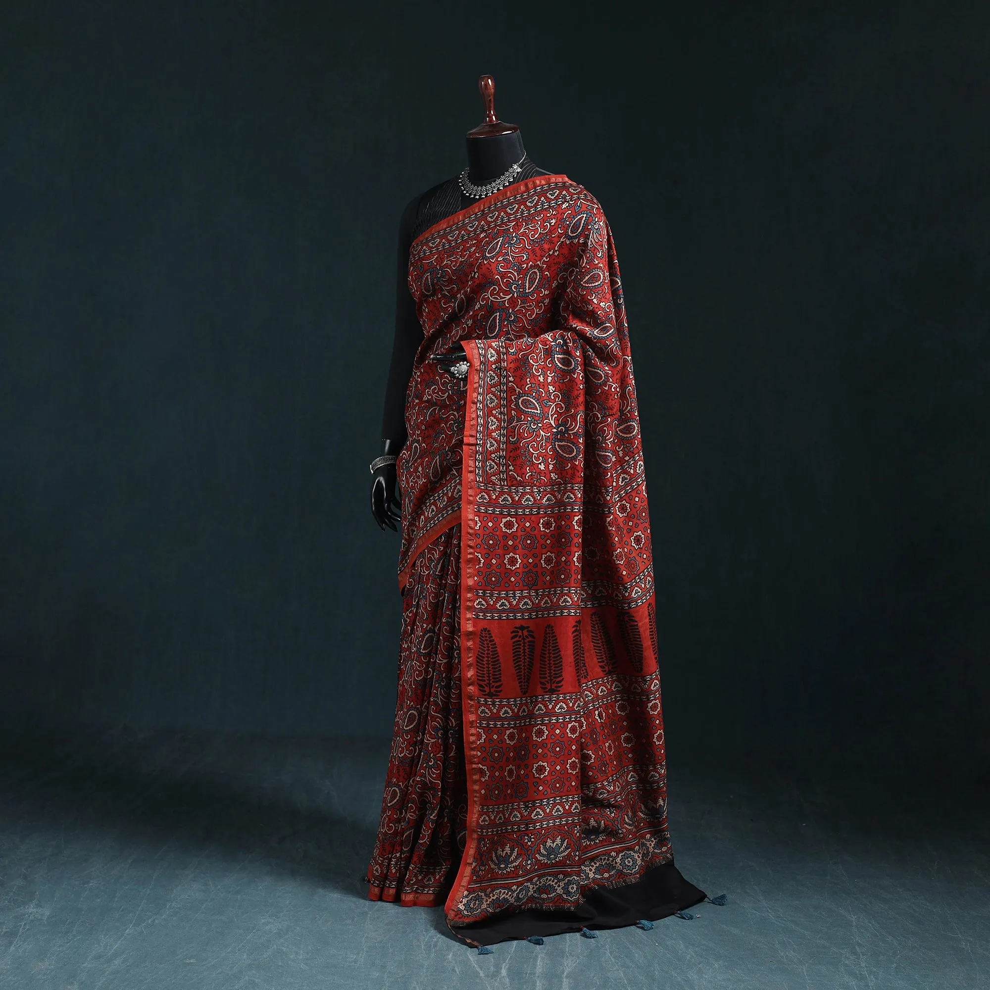 Red - Hand Block Print Natural Dyed Chanderi Silk Ajrakh Saree 17 sold by Itokri