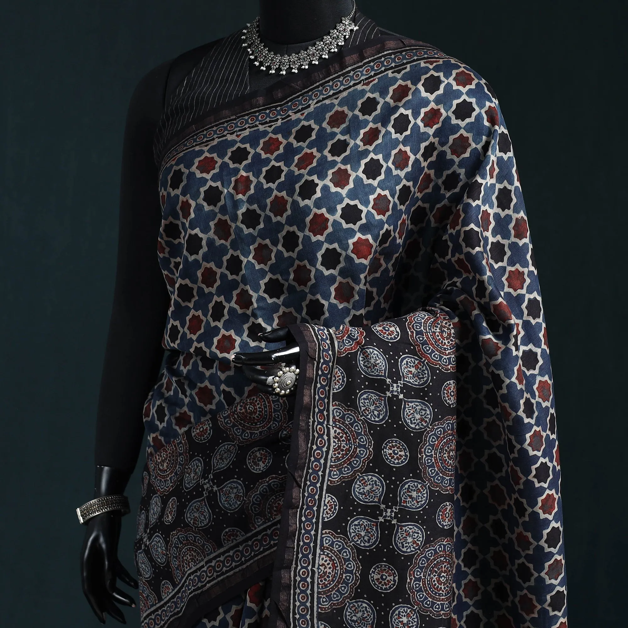 Blue - Hand Block Print Natural Dyed Chanderi Silk Ajrakh Saree 16 sold by Itokri product image thumbnail 2