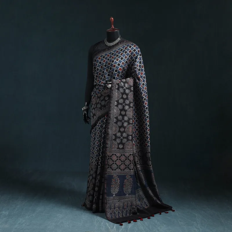 Hand Block Print Natural Dyed Chanderi Silk Ajrakh Saree 16 made by Itokri