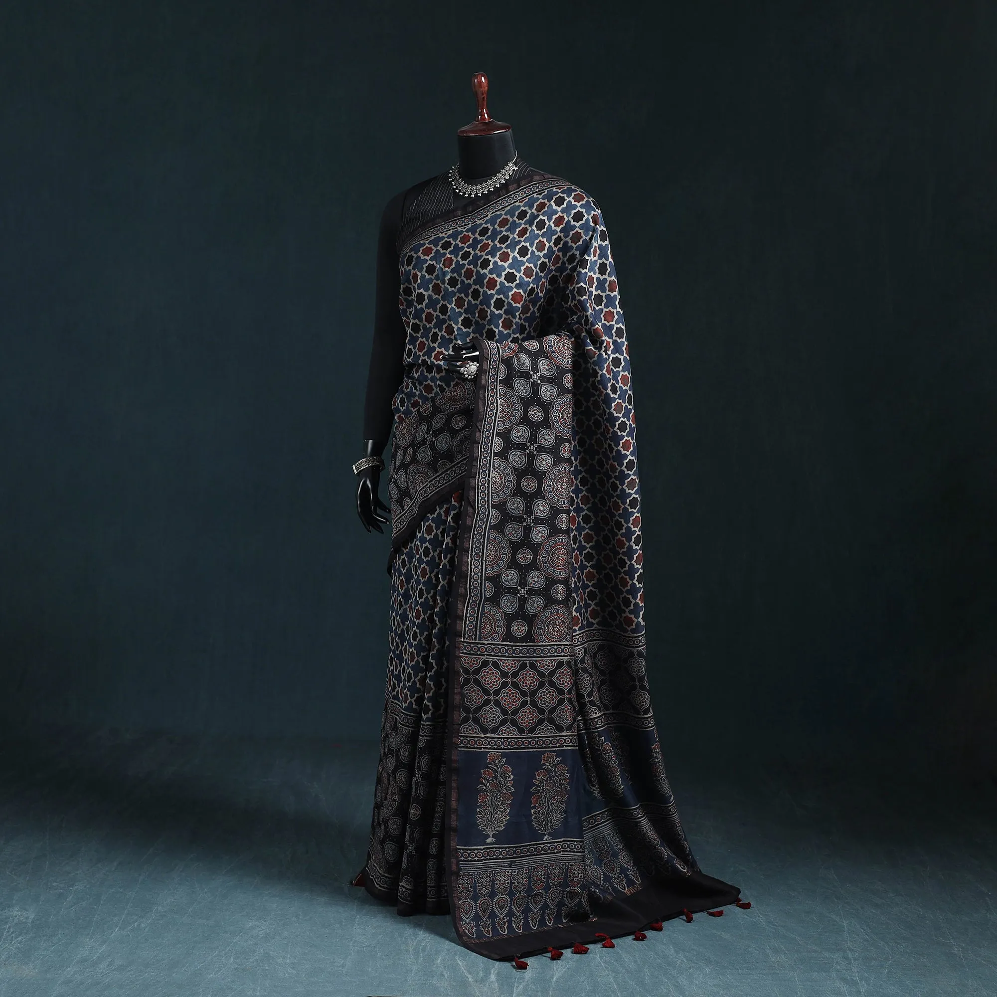 Blue - Hand Block Print Natural Dyed Chanderi Silk Ajrakh Saree 16 sold by Itokri