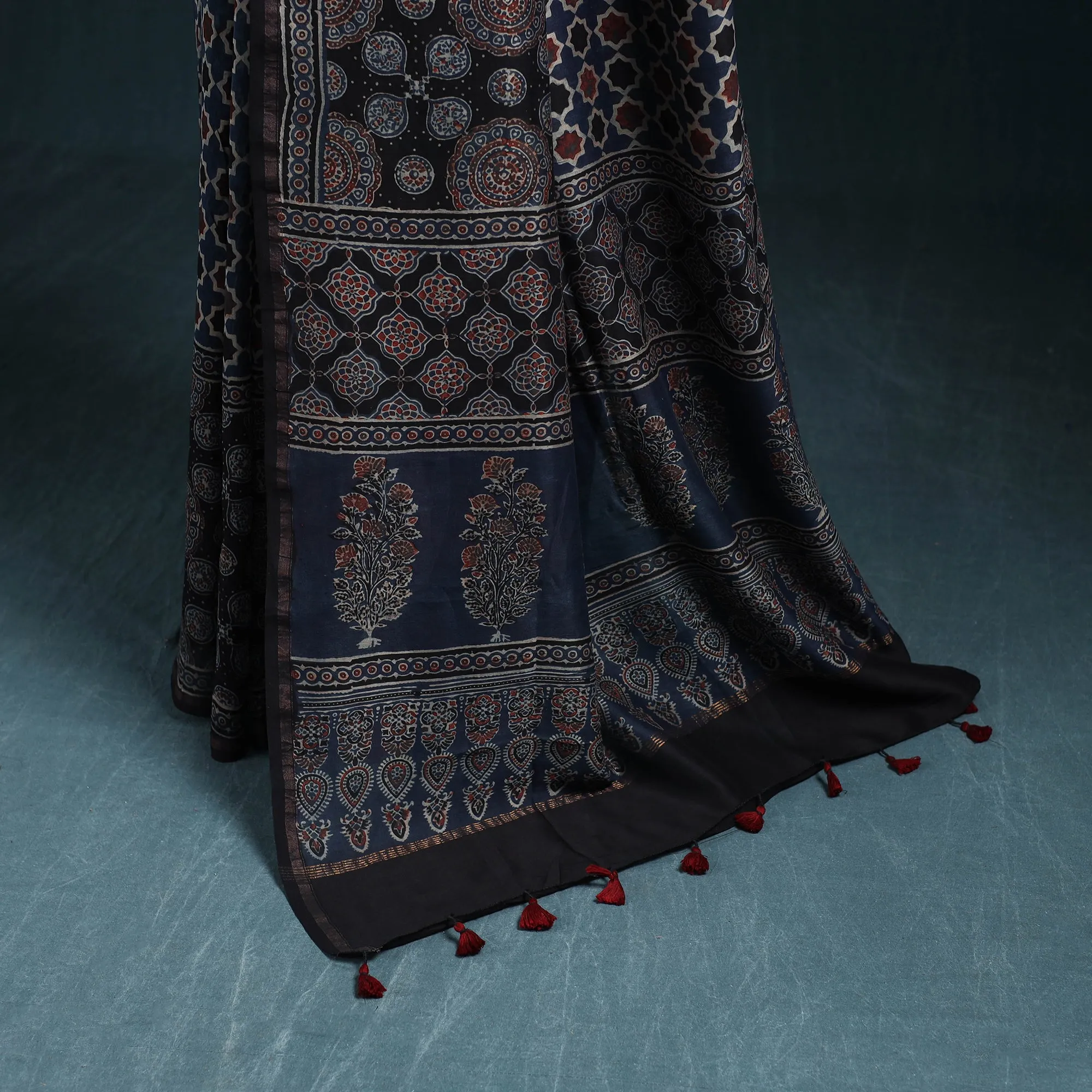 Blue - Hand Block Print Natural Dyed Chanderi Silk Ajrakh Saree 16 sold by Itokri product image thumbnail 4