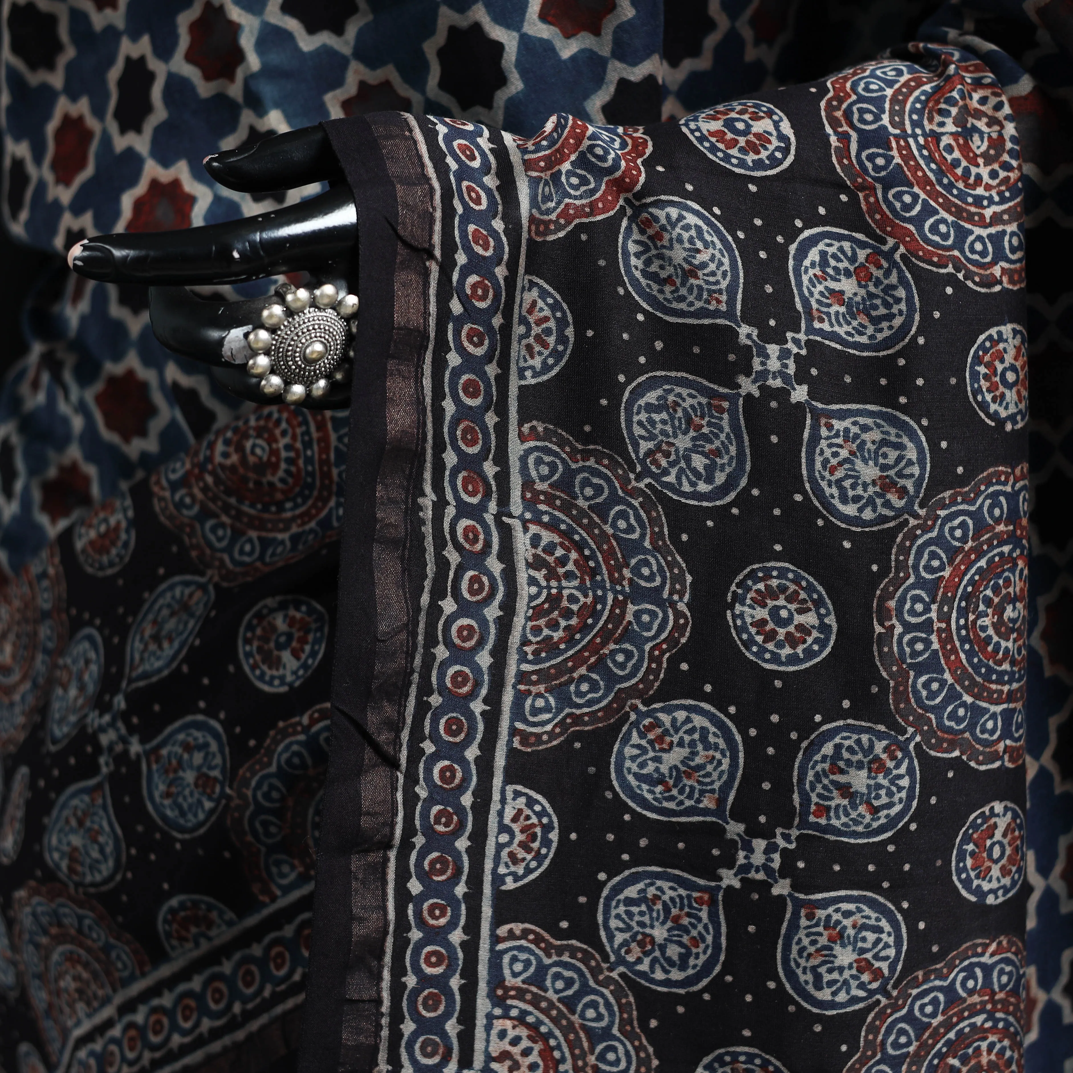 Blue - Hand Block Print Natural Dyed Chanderi Silk Ajrakh Saree 16 sold by Itokri product image thumbnail 3