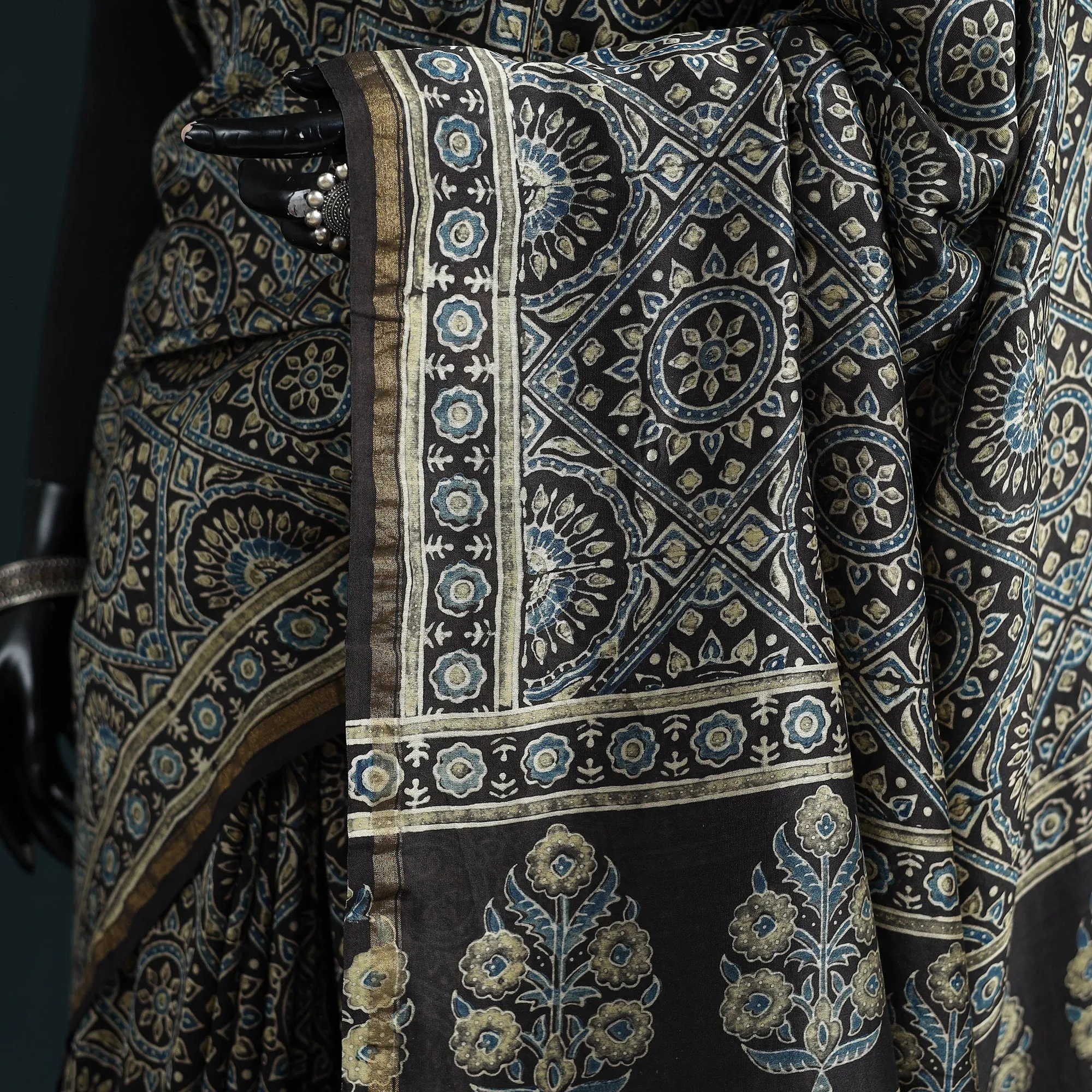 Black - Hand Block Print Natural Dyed Chanderi Silk Ajrakh Saree 15 sold by Itokri product image thumbnail 3
