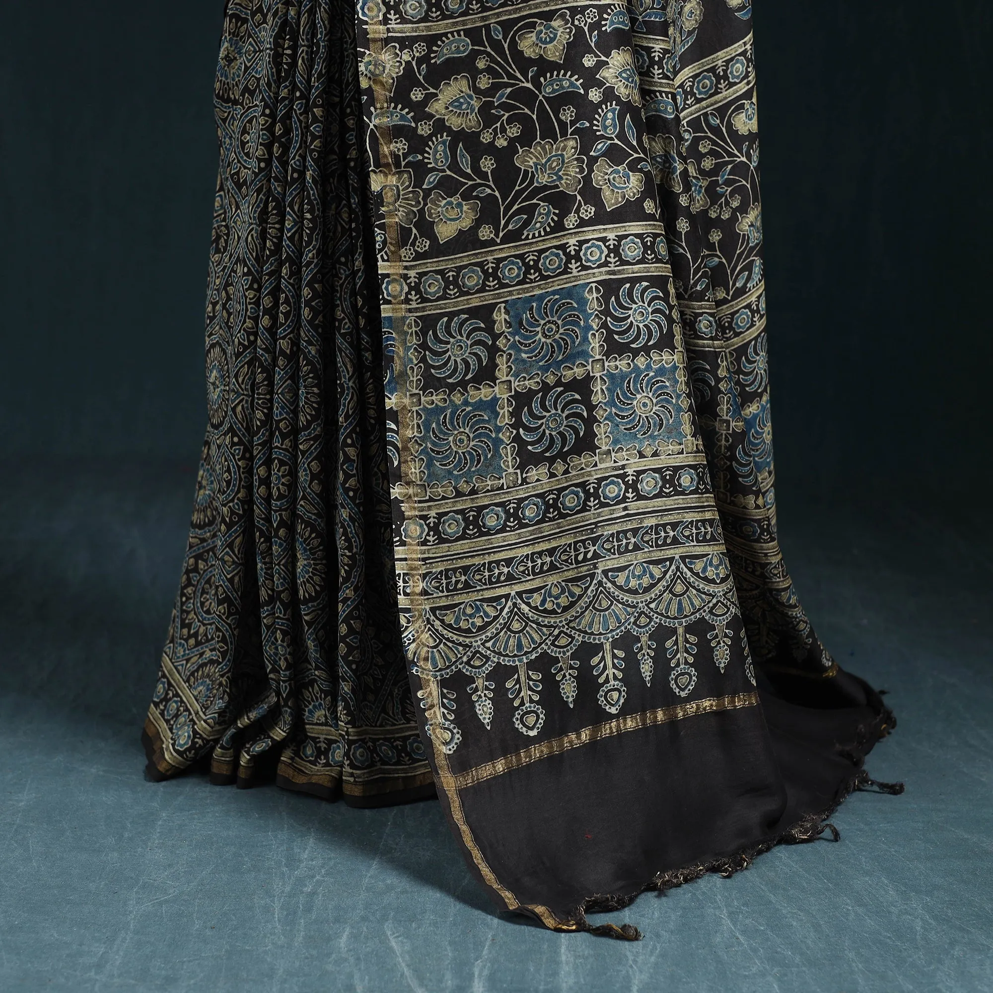 Black - Hand Block Print Natural Dyed Chanderi Silk Ajrakh Saree 15 sold by Itokri product image thumbnail 4