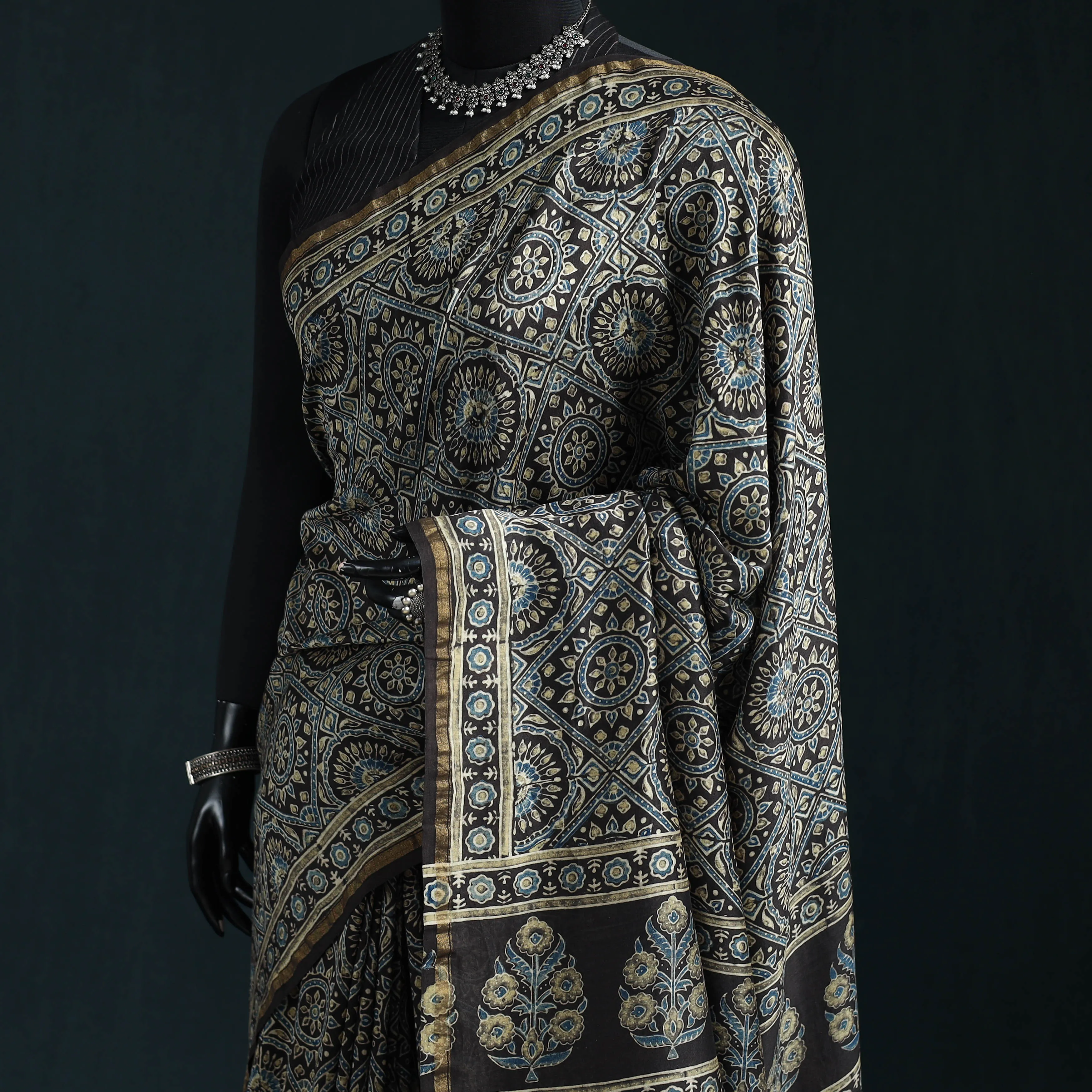 Black - Hand Block Print Natural Dyed Chanderi Silk Ajrakh Saree 15 sold by Itokri product image thumbnail 2