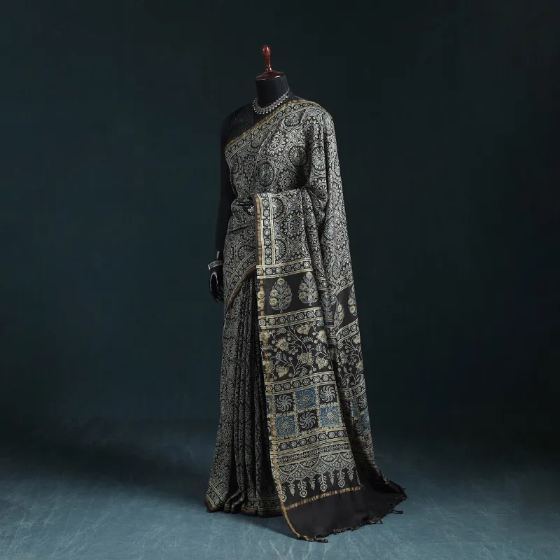 Black - Hand Block Print Natural Dyed Chanderi Silk Ajrakh Saree 15 made by Itokri
