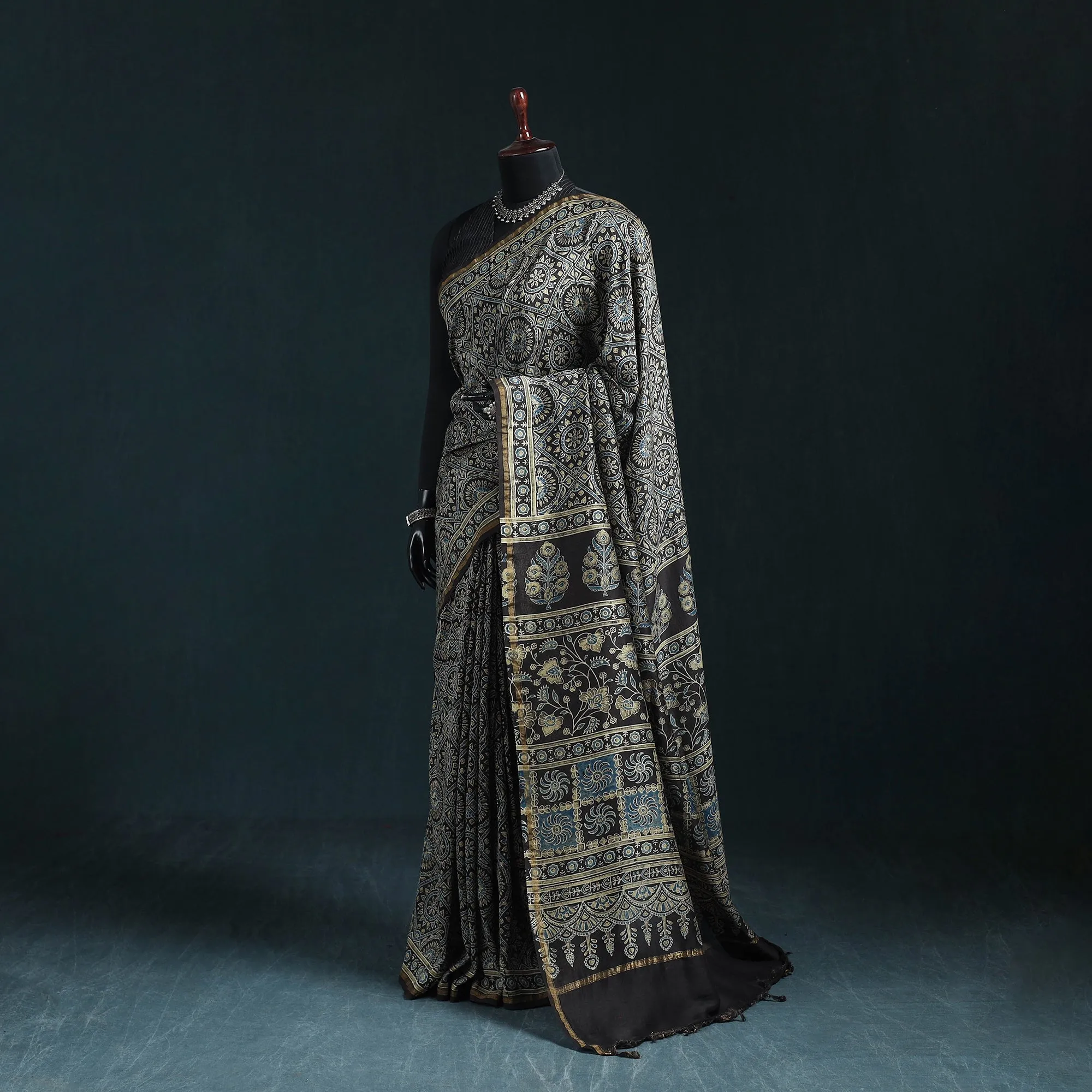 Black - Hand Block Print Natural Dyed Chanderi Silk Ajrakh Saree 15 sold by Itokri