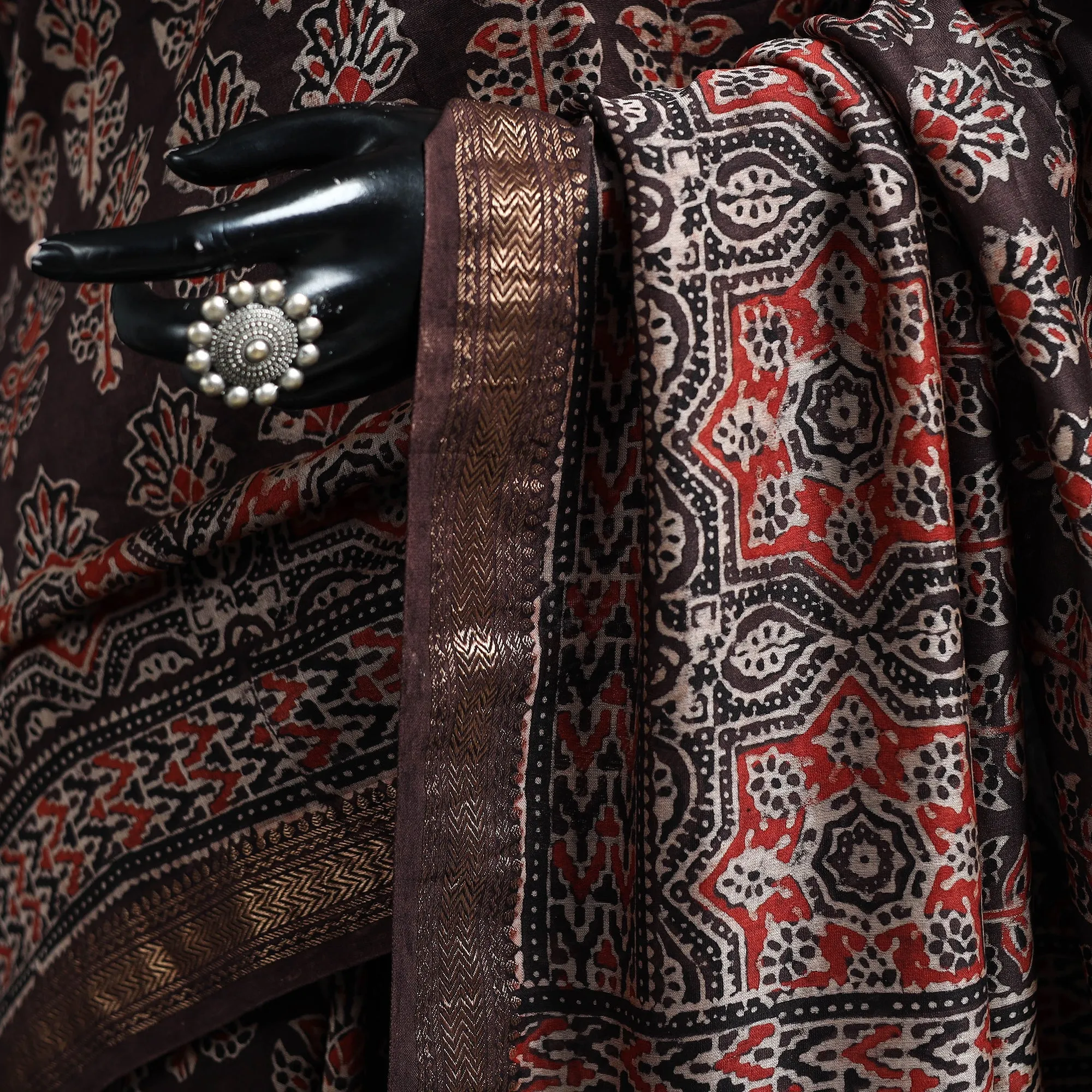 Brown - Hand Block Print Natural Dyed Maheshwari Silk Ajrakh Saree 22 sold by Itokri product image thumbnail 3