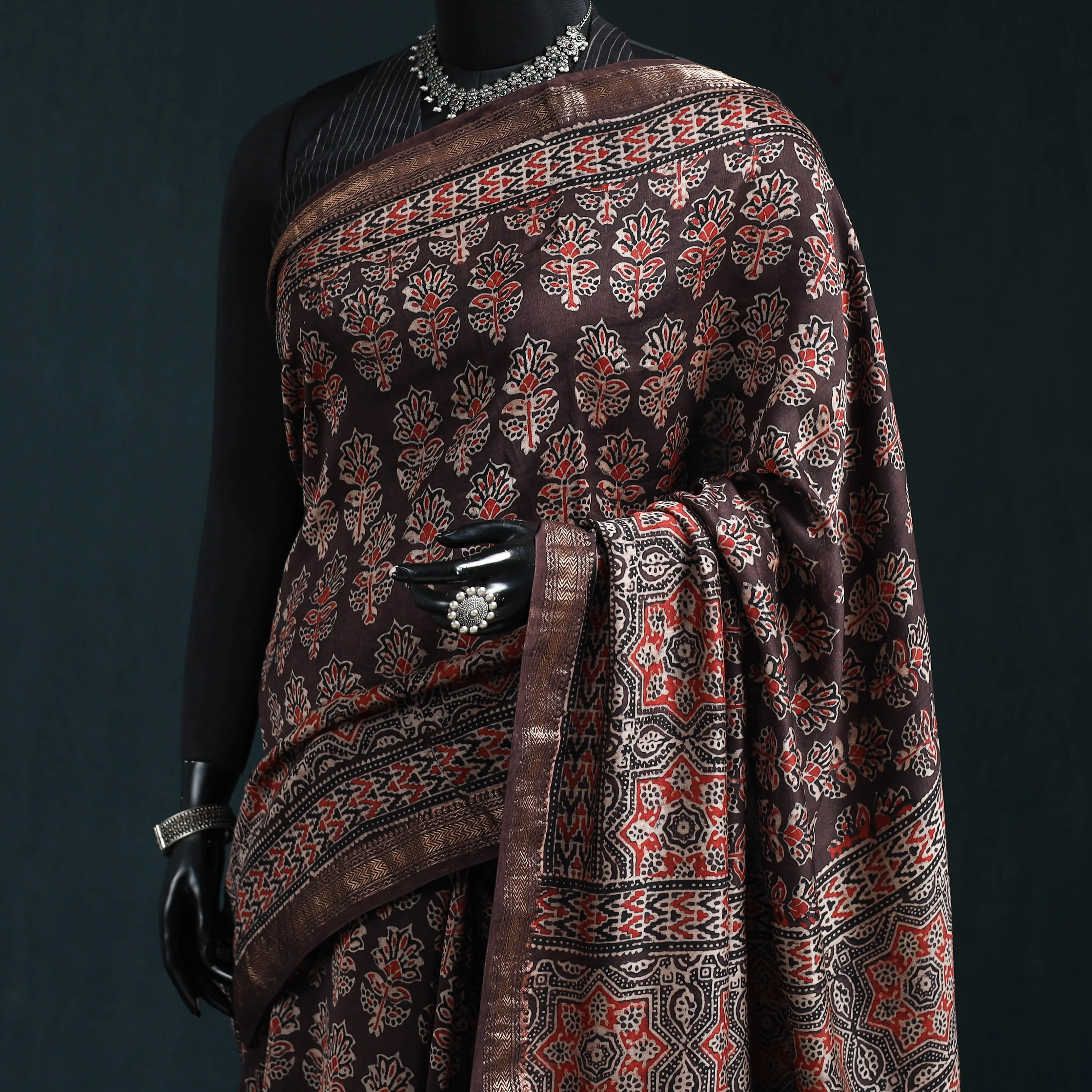 Brown - Hand Block Print Natural Dyed Maheshwari Silk Ajrakh Saree 22 sold by Itokri product image thumbnail 2