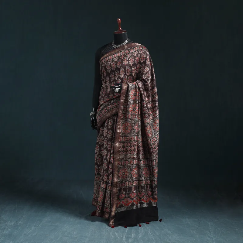 Brown - Hand Block Print Natural Dyed Maheshwari Silk Ajrakh Saree 22 made by Itokri