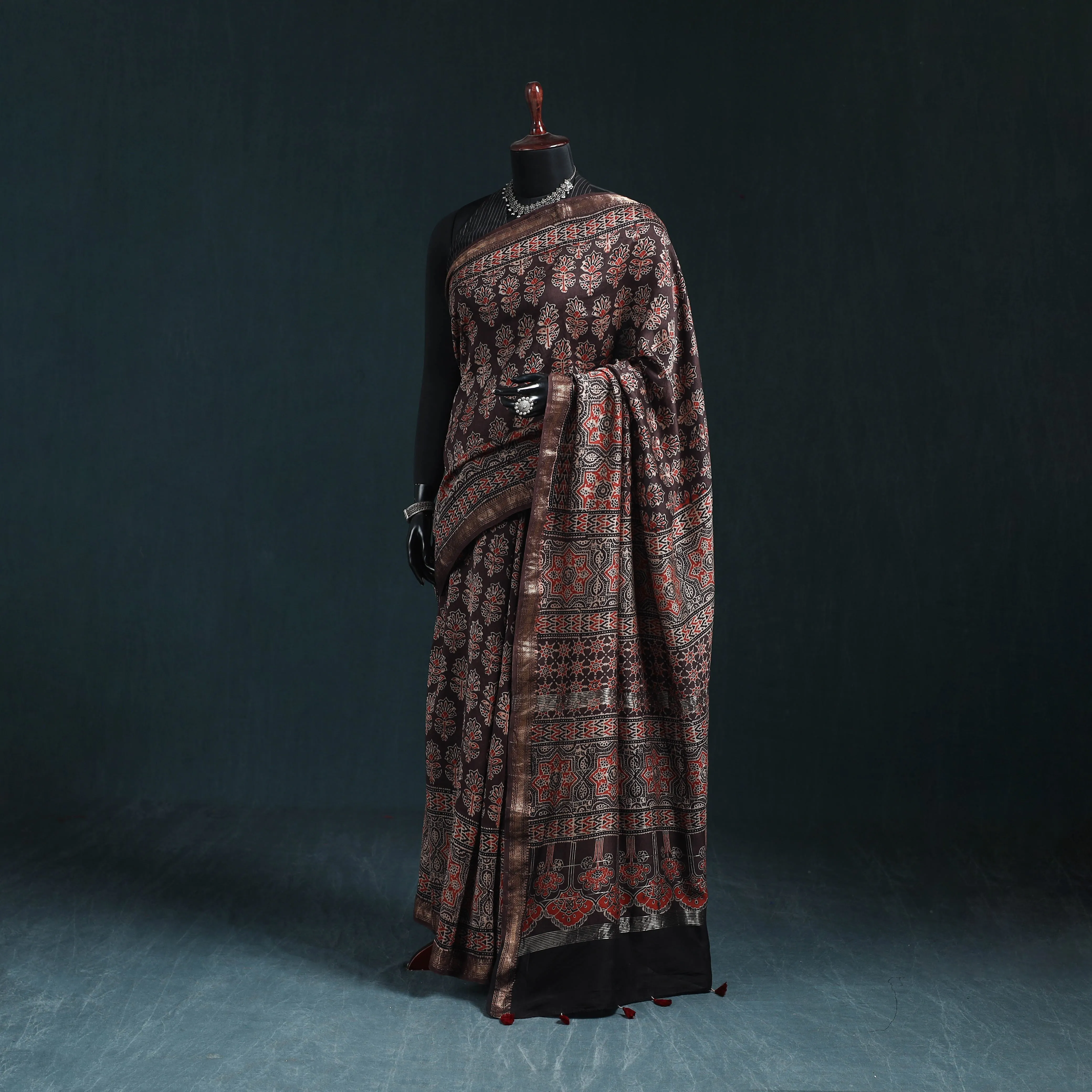 Brown - Hand Block Print Natural Dyed Maheshwari Silk Ajrakh Saree 22 sold by Itokri