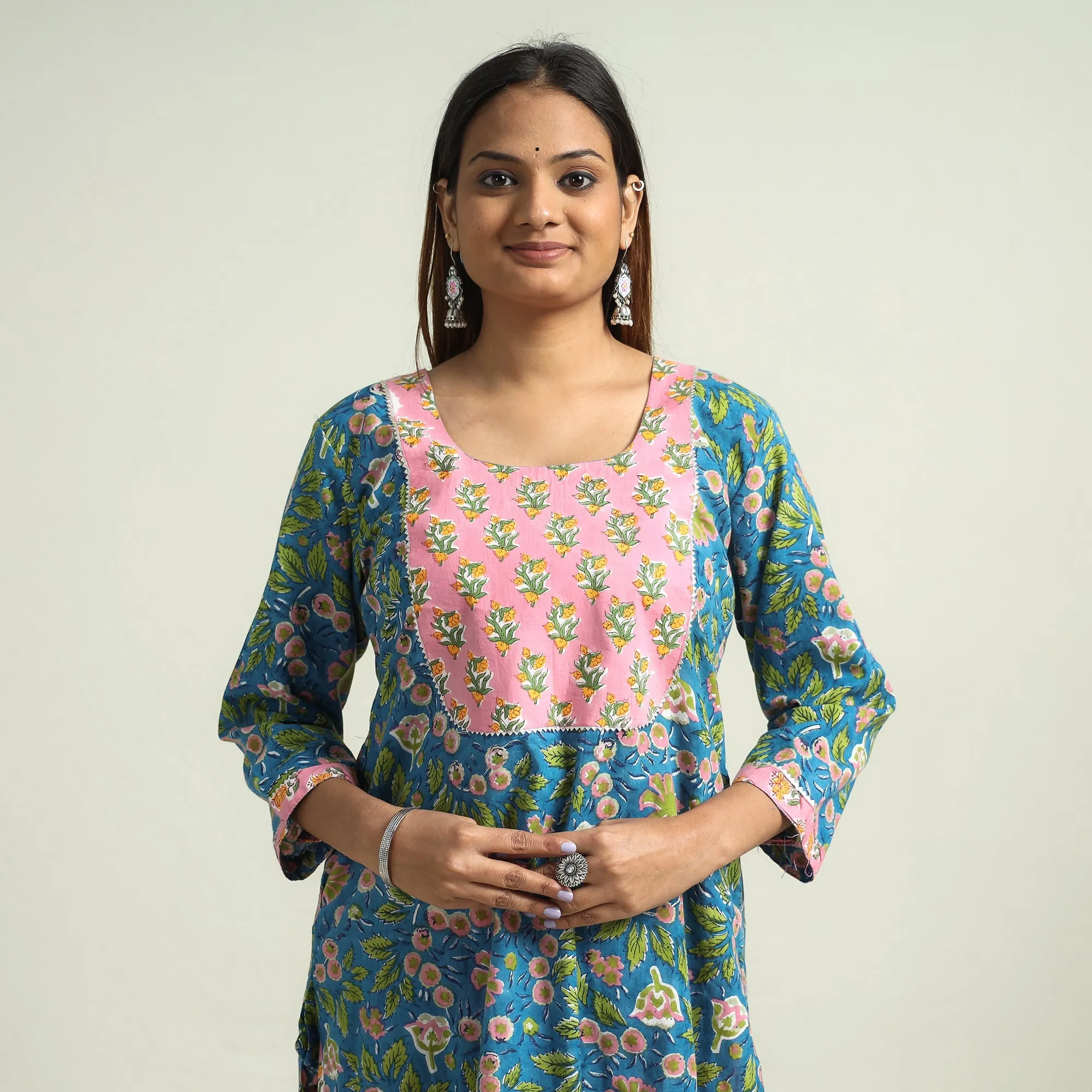 Blue - Sanganeri Block Printed Cotton Kurta with Sharara Set sold by Itokri product image thumbnail 4