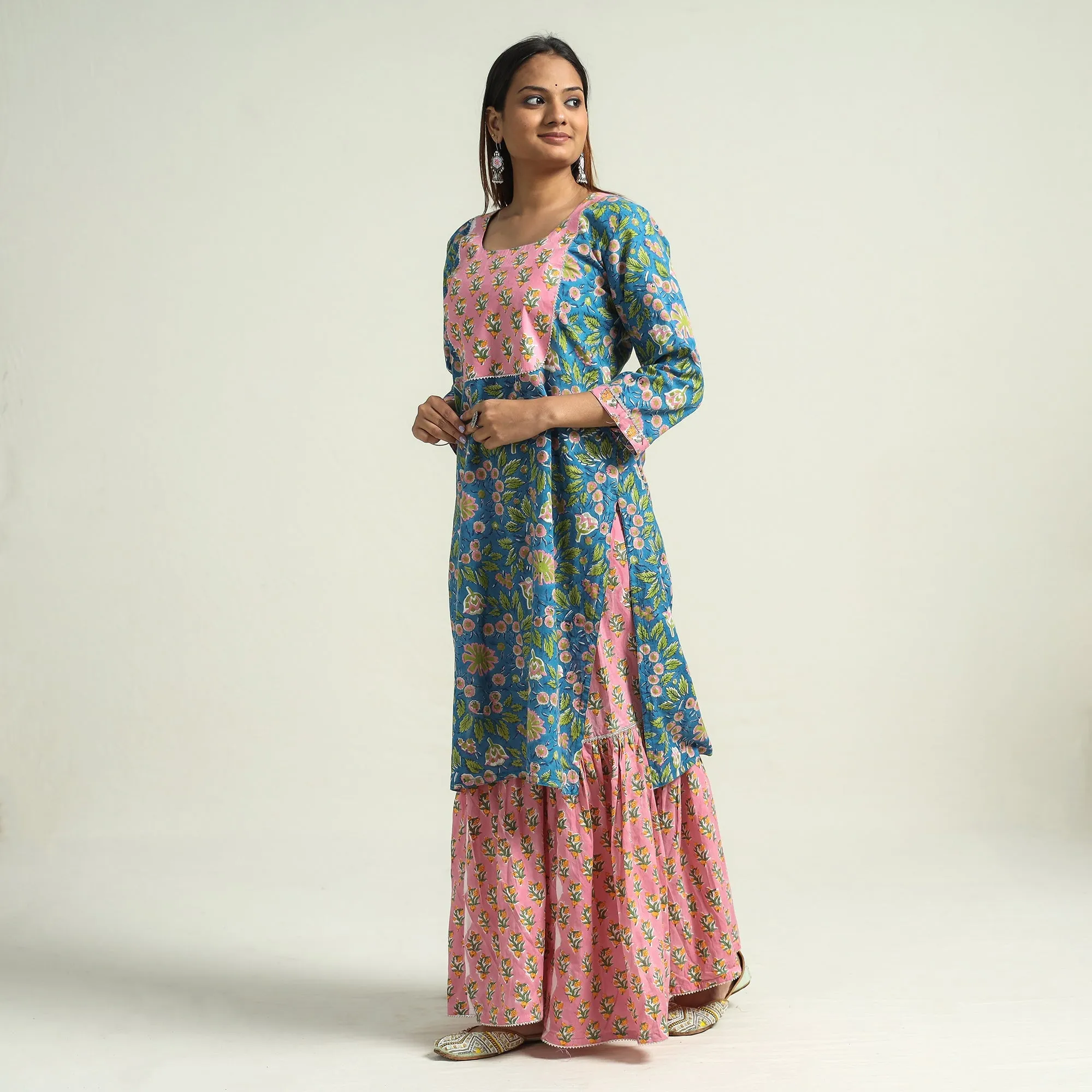 Blue - Sanganeri Block Printed Cotton Kurta with Sharara Set sold by Itokri product image thumbnail 3