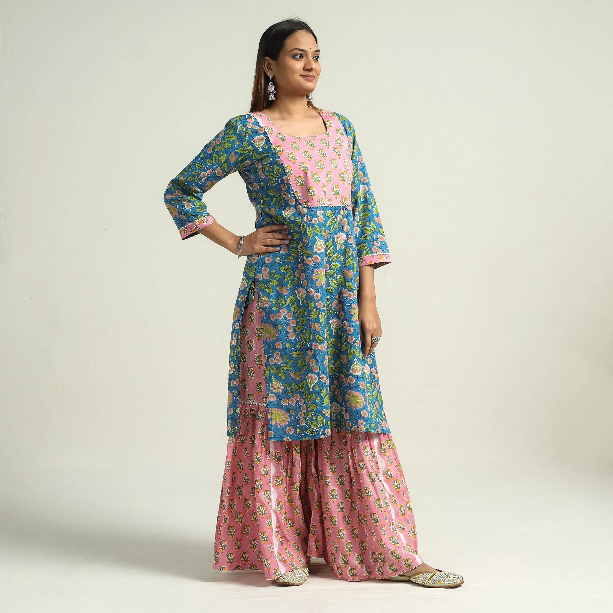 Blue - Sanganeri Block Printed Cotton Kurta with Sharara Set sold by Itokri product image thumbnail 2