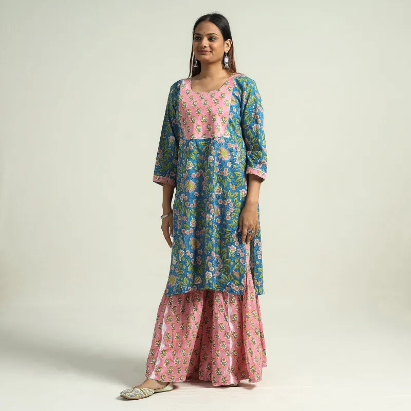 Blue - Sanganeri Block Printed Cotton Kurta with Sharara Set made by Itokri