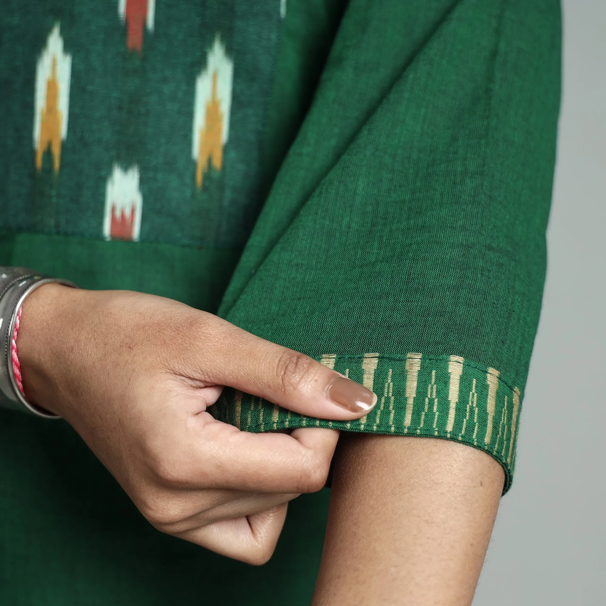 Dark Green - Dharwad Cotton Straight Kurta with Ikat Patchwork sold by Itokri product image thumbnail 5