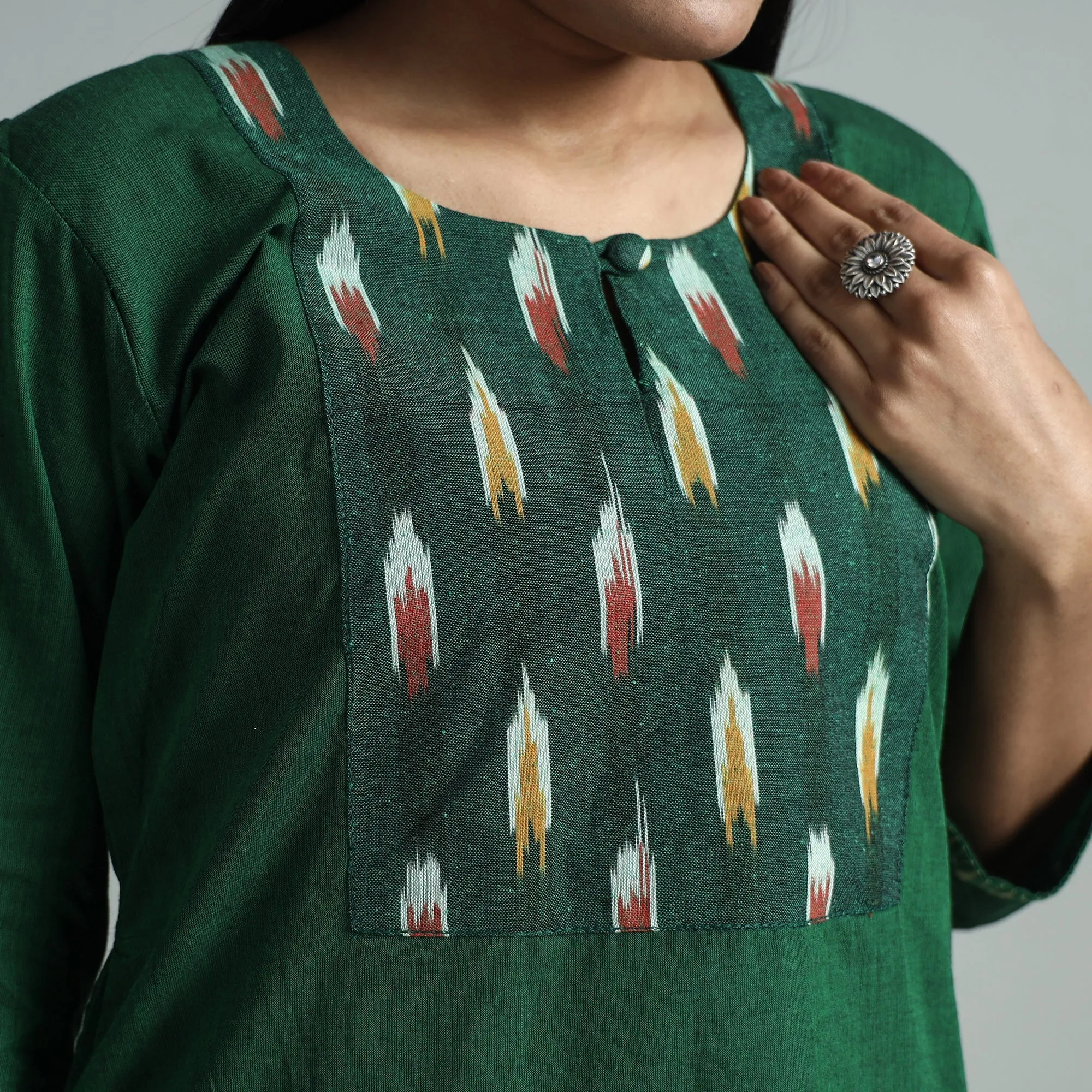 Dark Green - Dharwad Cotton Straight Kurta with Ikat Patchwork sold by Itokri product image thumbnail 4