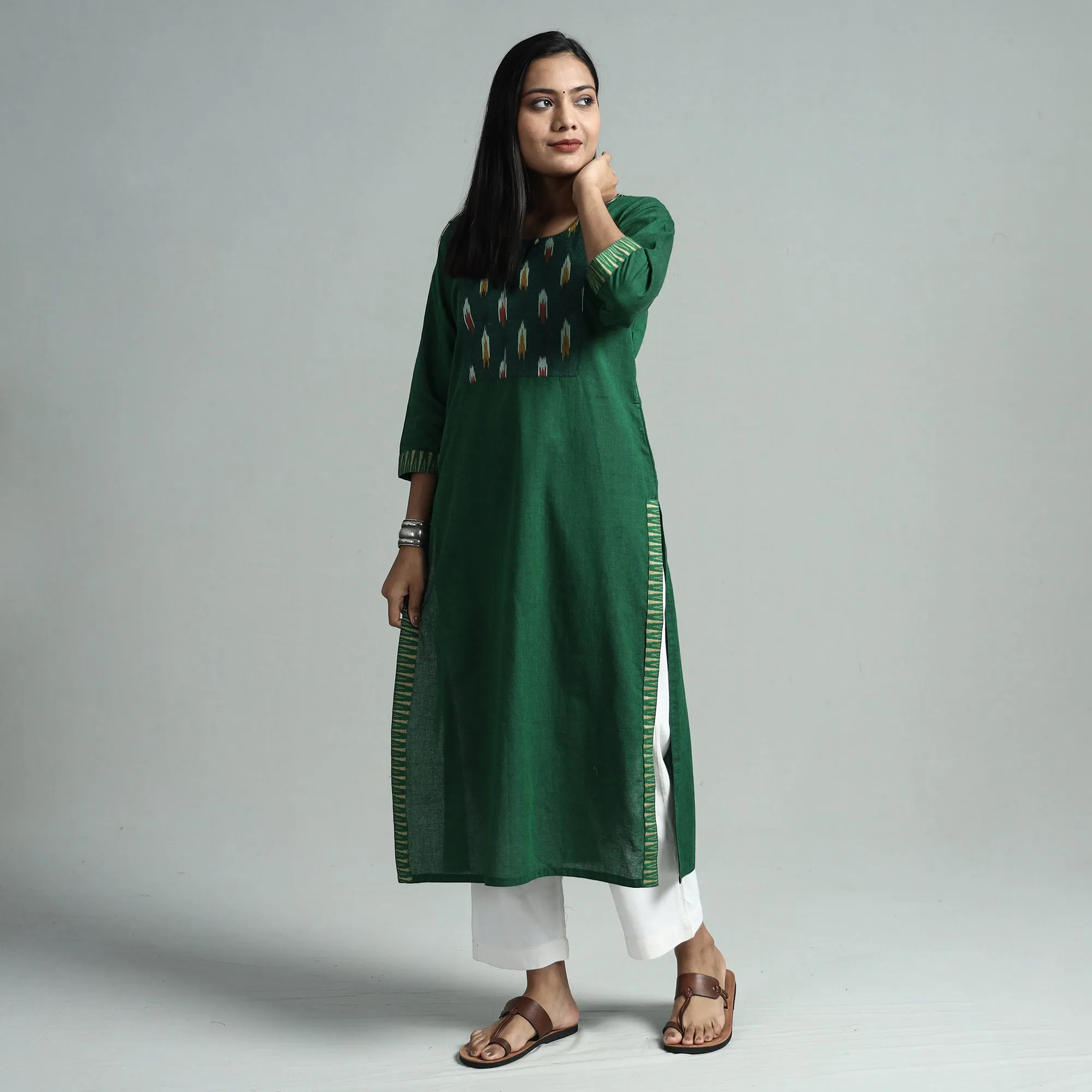 Dark Green - Dharwad Cotton Straight Kurta with Ikat Patchwork sold by Itokri product image thumbnail 2