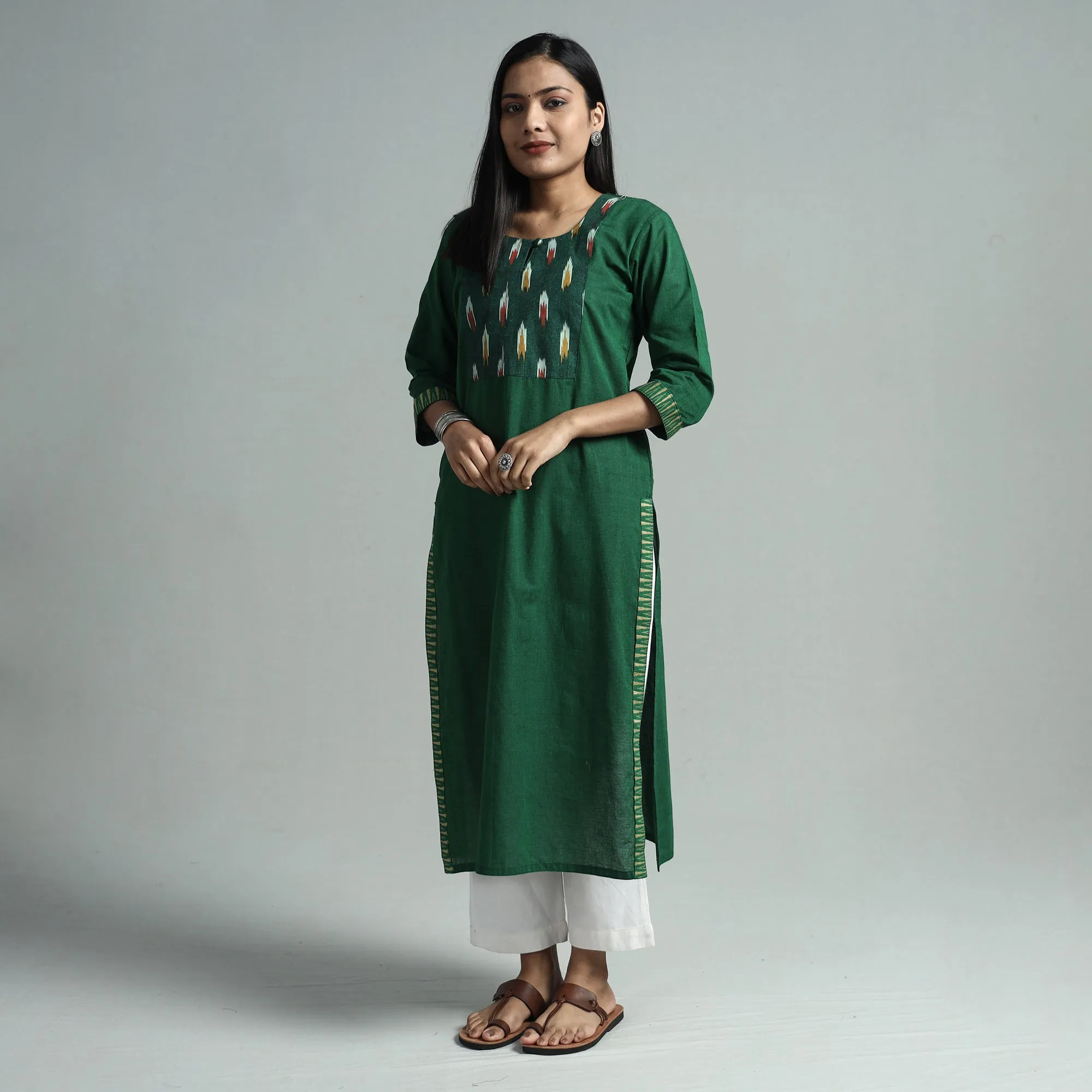 Dark Green - Dharwad Cotton Straight Kurta with Ikat Patchwork sold by Itokri product image thumbnail 3