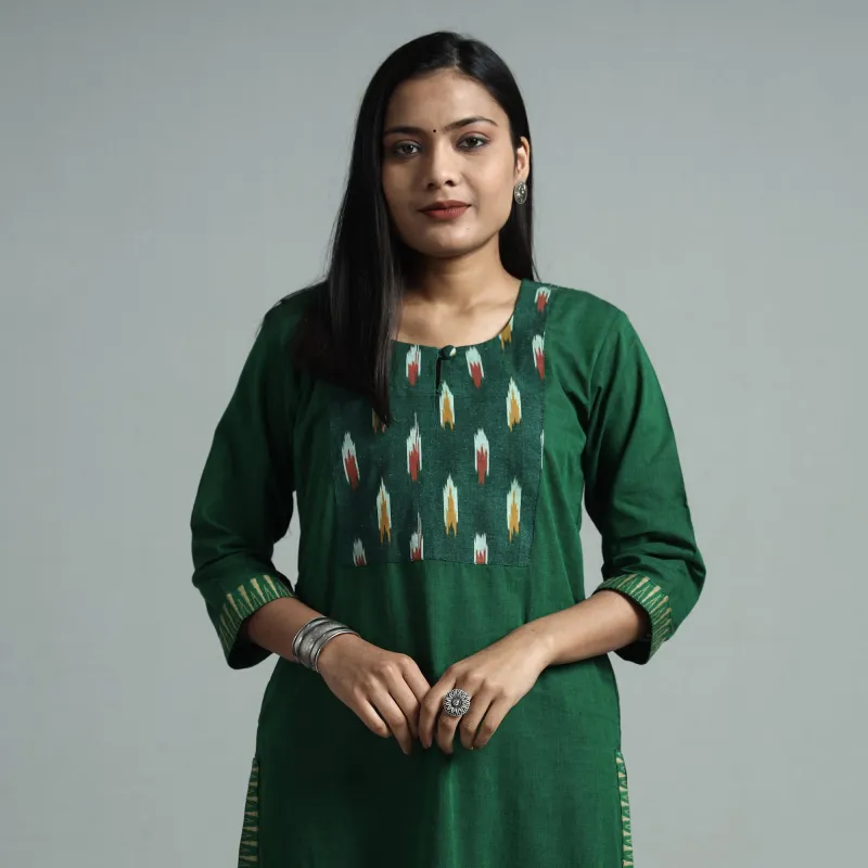 Dark Green - Dharwad Cotton Straight Kurta with Ikat Patchwork made by Itokri