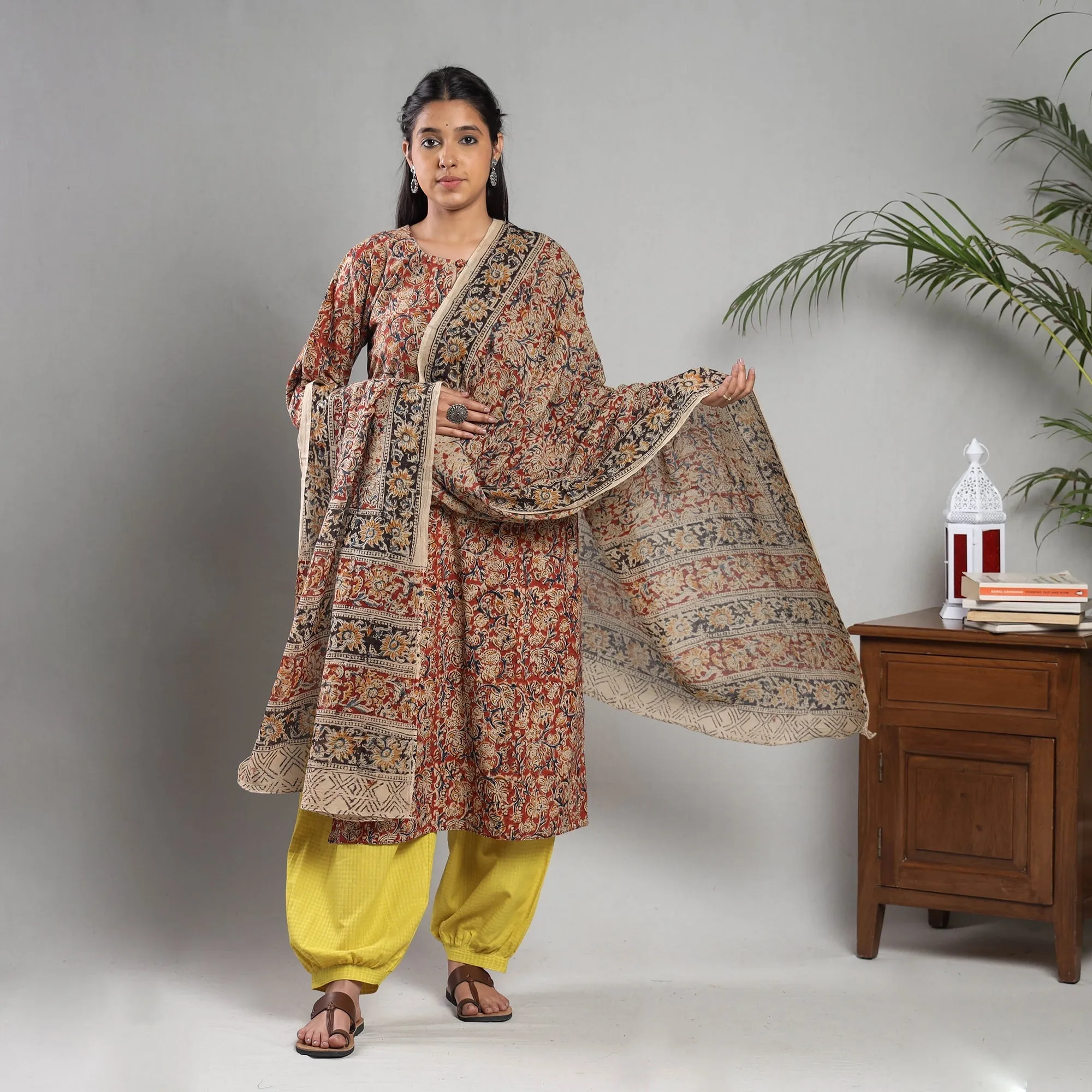 Red - Kalamkari Block Printing Cotton Kurta with Salwar & Dupatta Set sold by Itokri product image thumbnail 3
