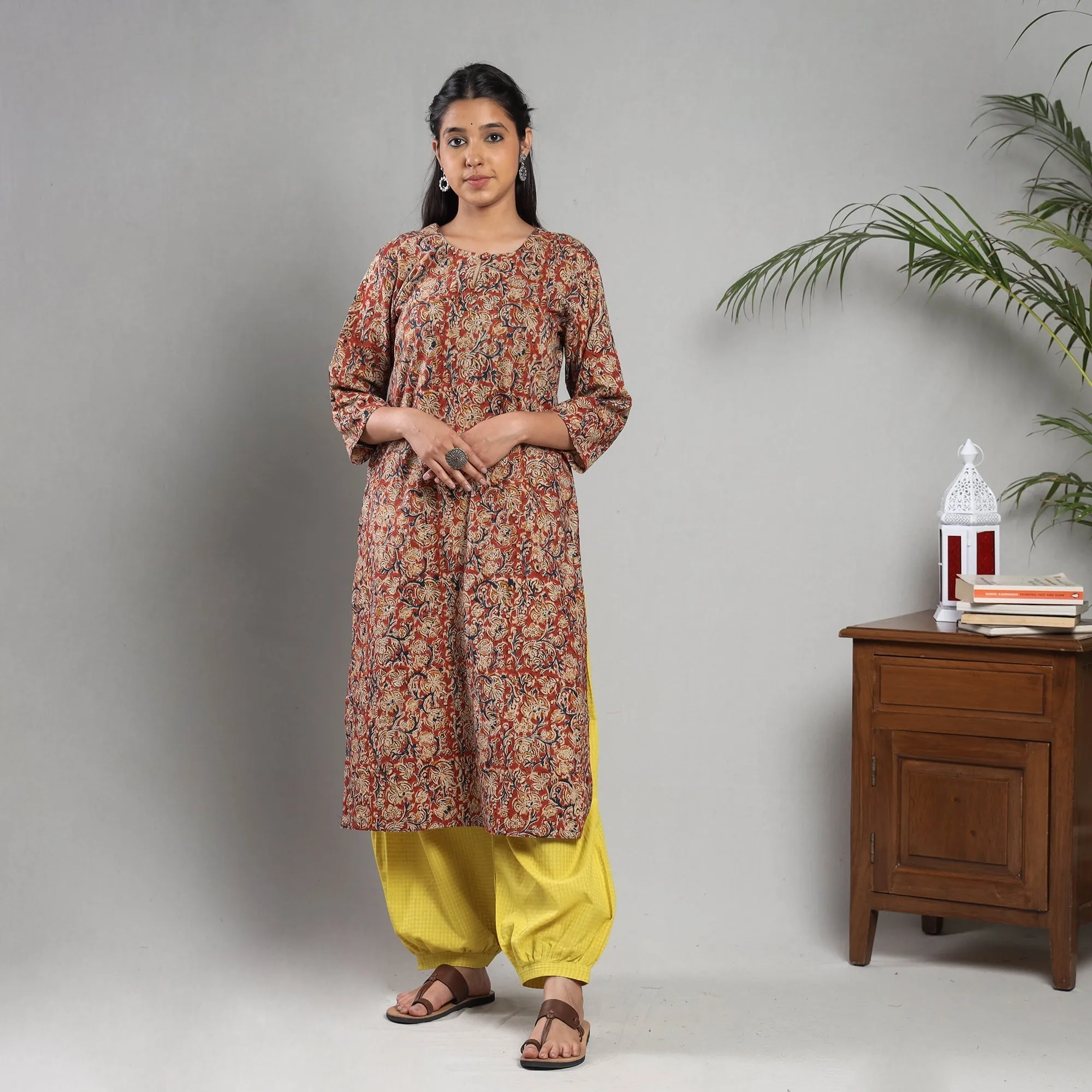 Red - Kalamkari Block Printing Cotton Kurta with Salwar & Dupatta Set sold by Itokri product image thumbnail 2