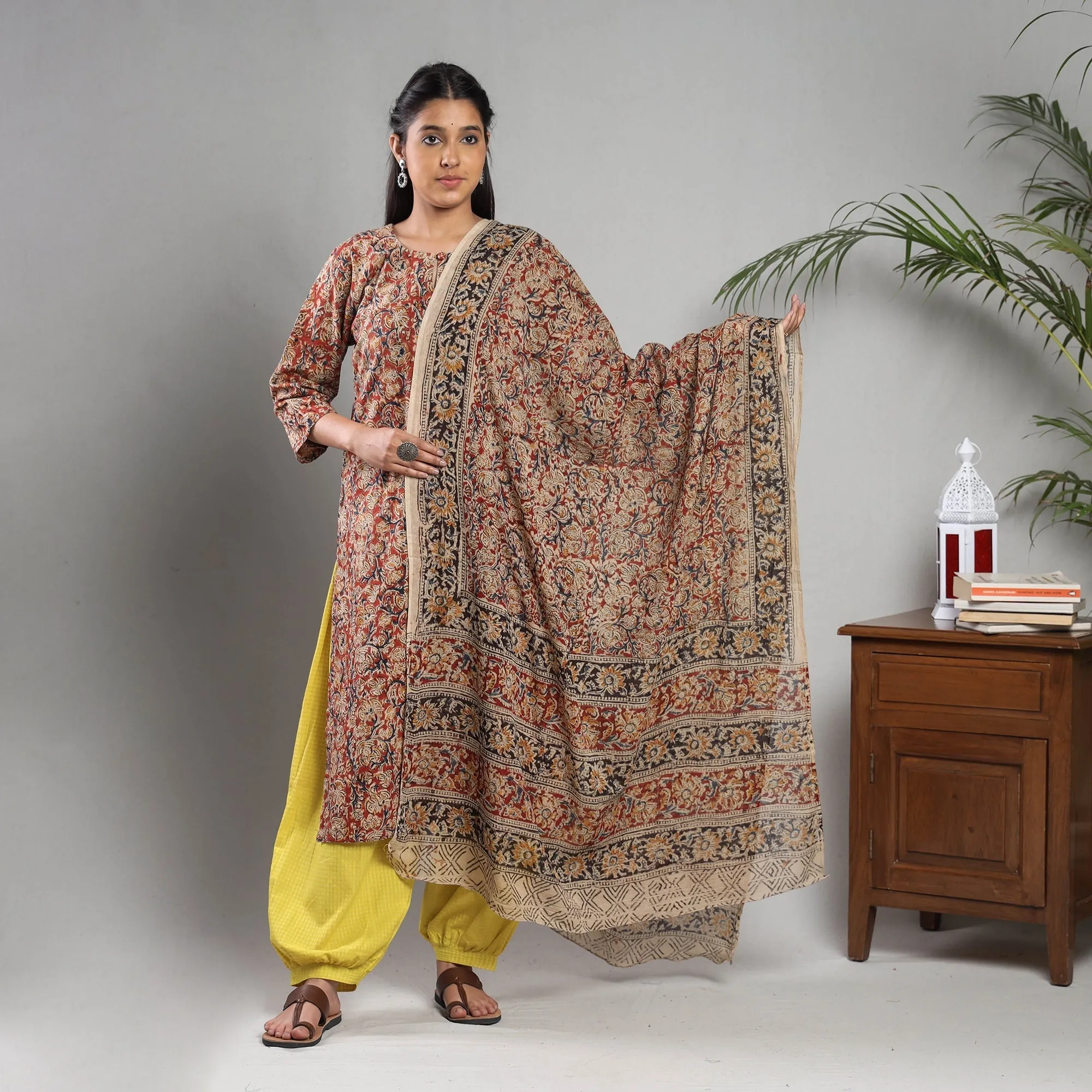 Red - Kalamkari Block Printing Cotton Kurta with Salwar & Dupatta Set sold by Itokri