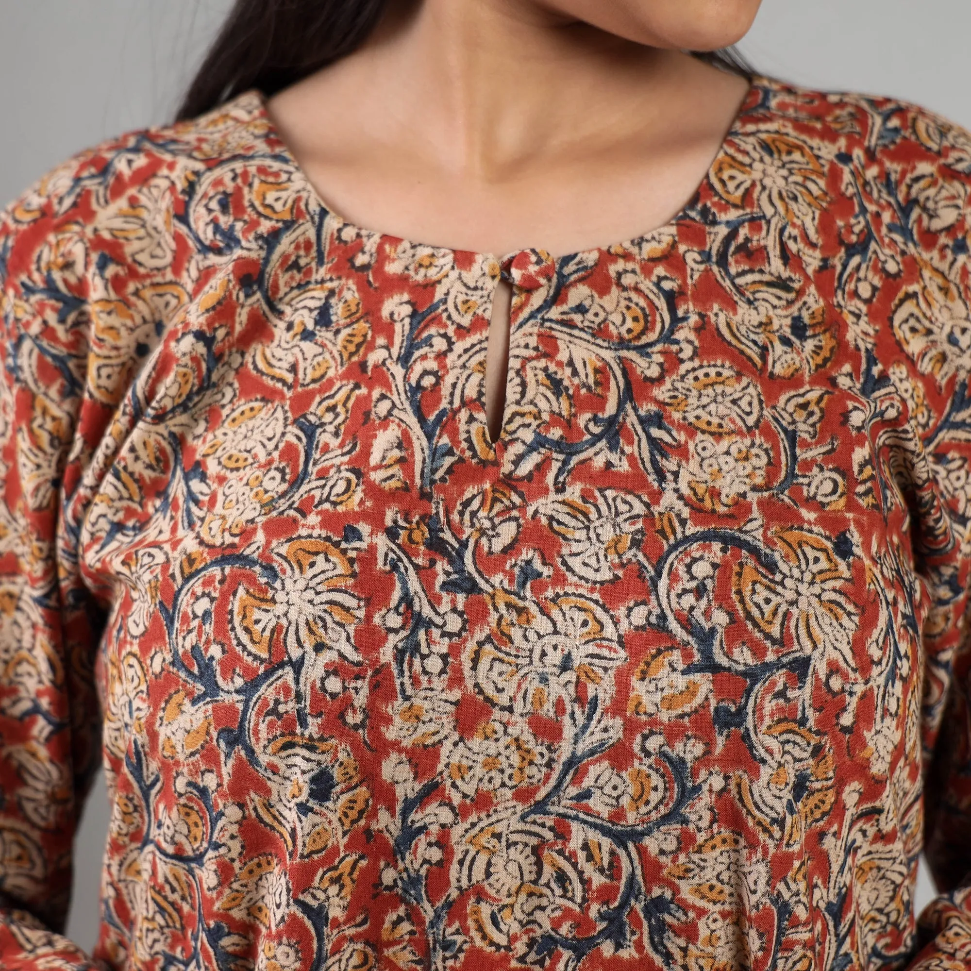Red - Kalamkari Block Printing Cotton Kurta with Salwar & Dupatta Set sold by Itokri product image thumbnail 4