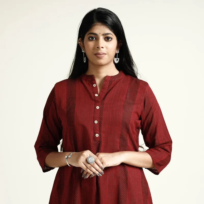Maroon Jacquard Cotton Long Kurta made by Itokri