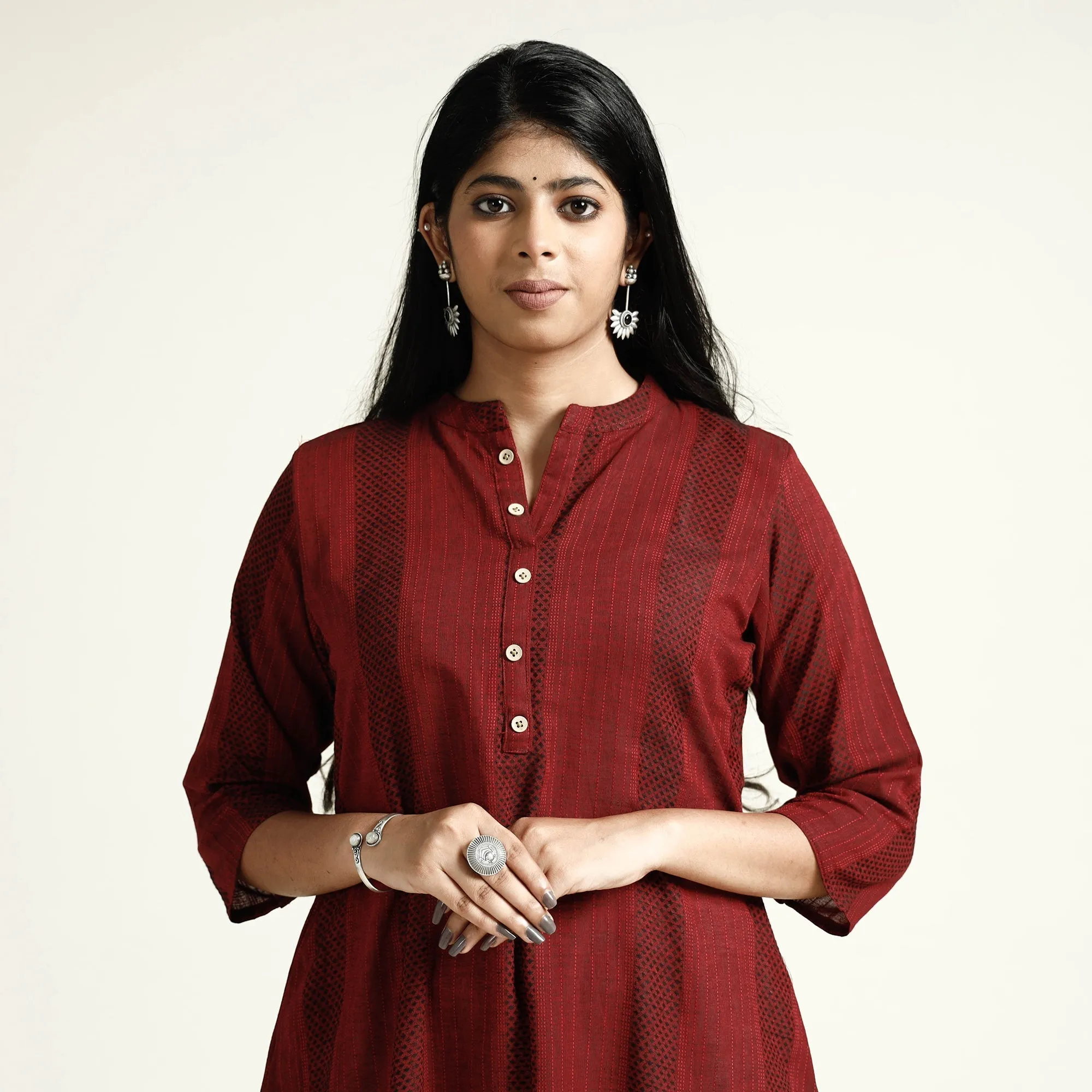 Maroon Jacquard Cotton Long Kurta sold by Itokri