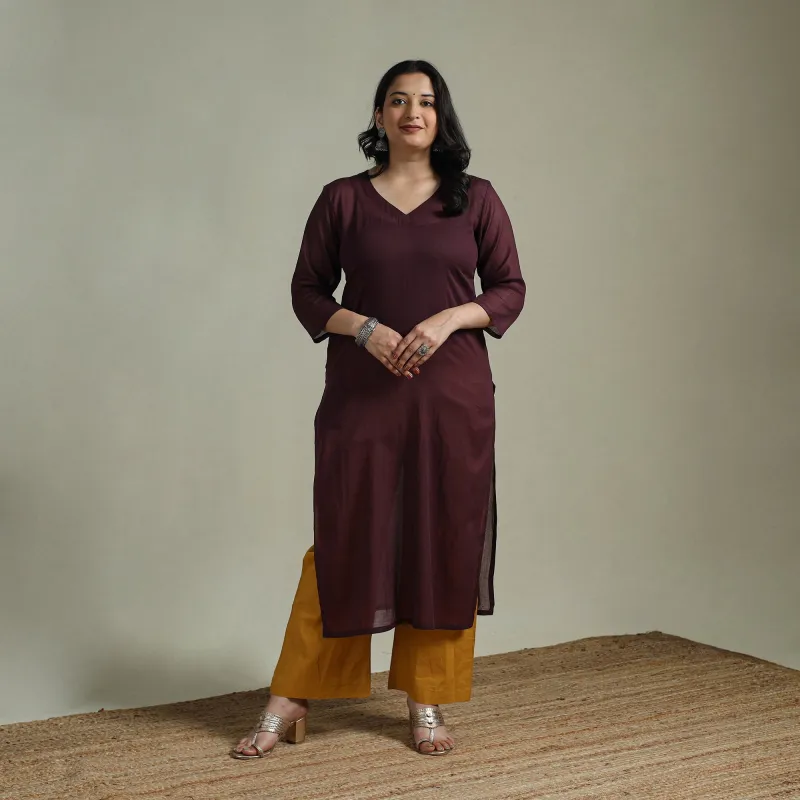 Dark Purple - Mulmalai Cotton Plain Dyed Straight Kurta 09 made by Itokri