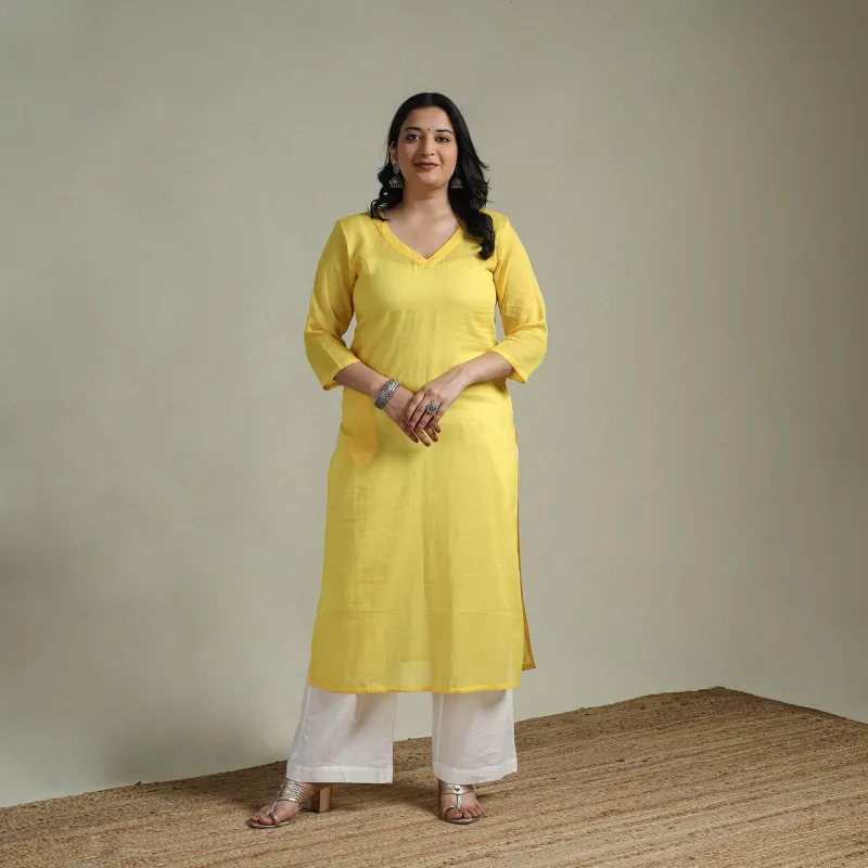 Yellow - Mulmalai Cotton Plain Dyed Straight Kurta 07 made by Itokri