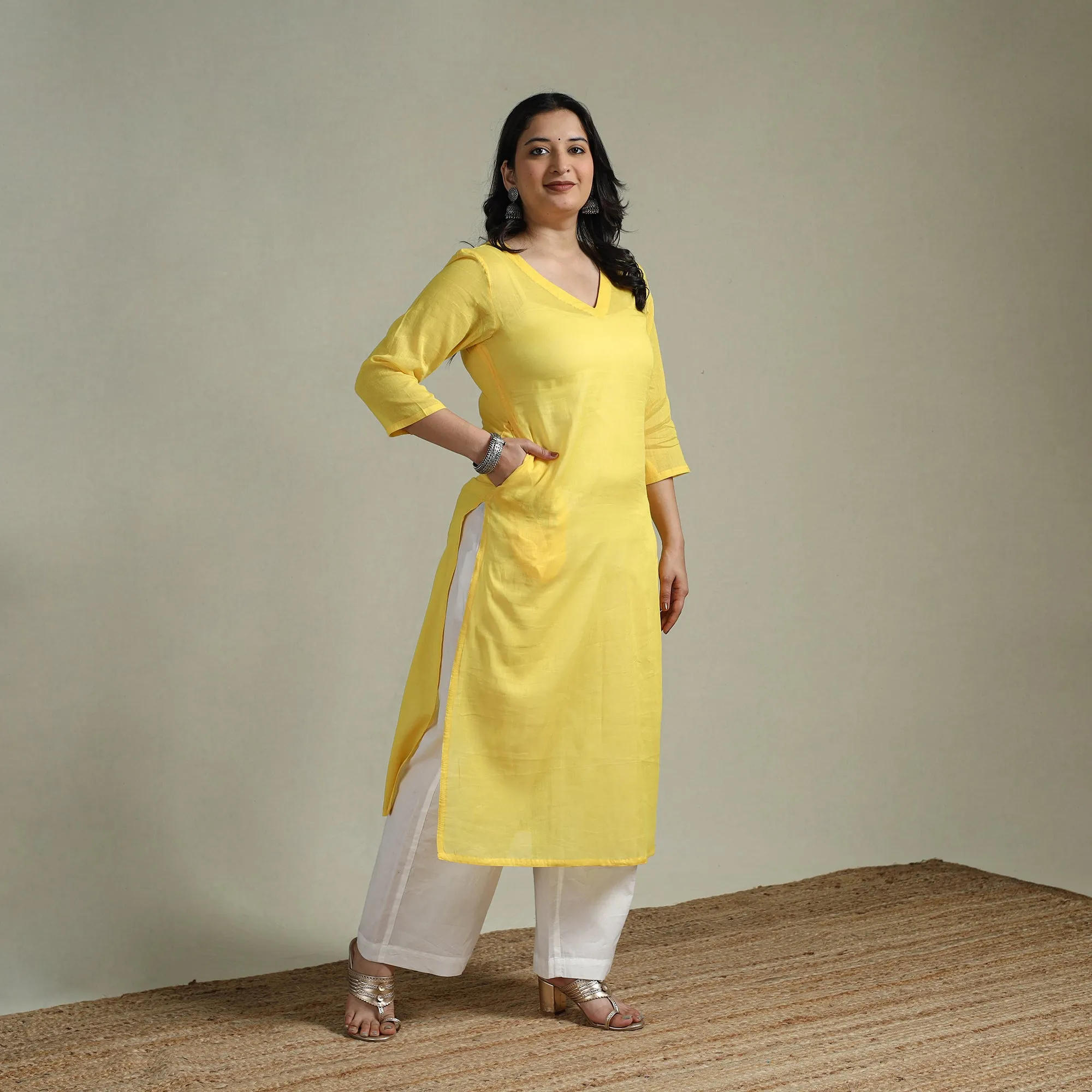 Yellow - Mulmalai Cotton Plain Dyed Straight Kurta 07 sold by Itokri product image thumbnail 2