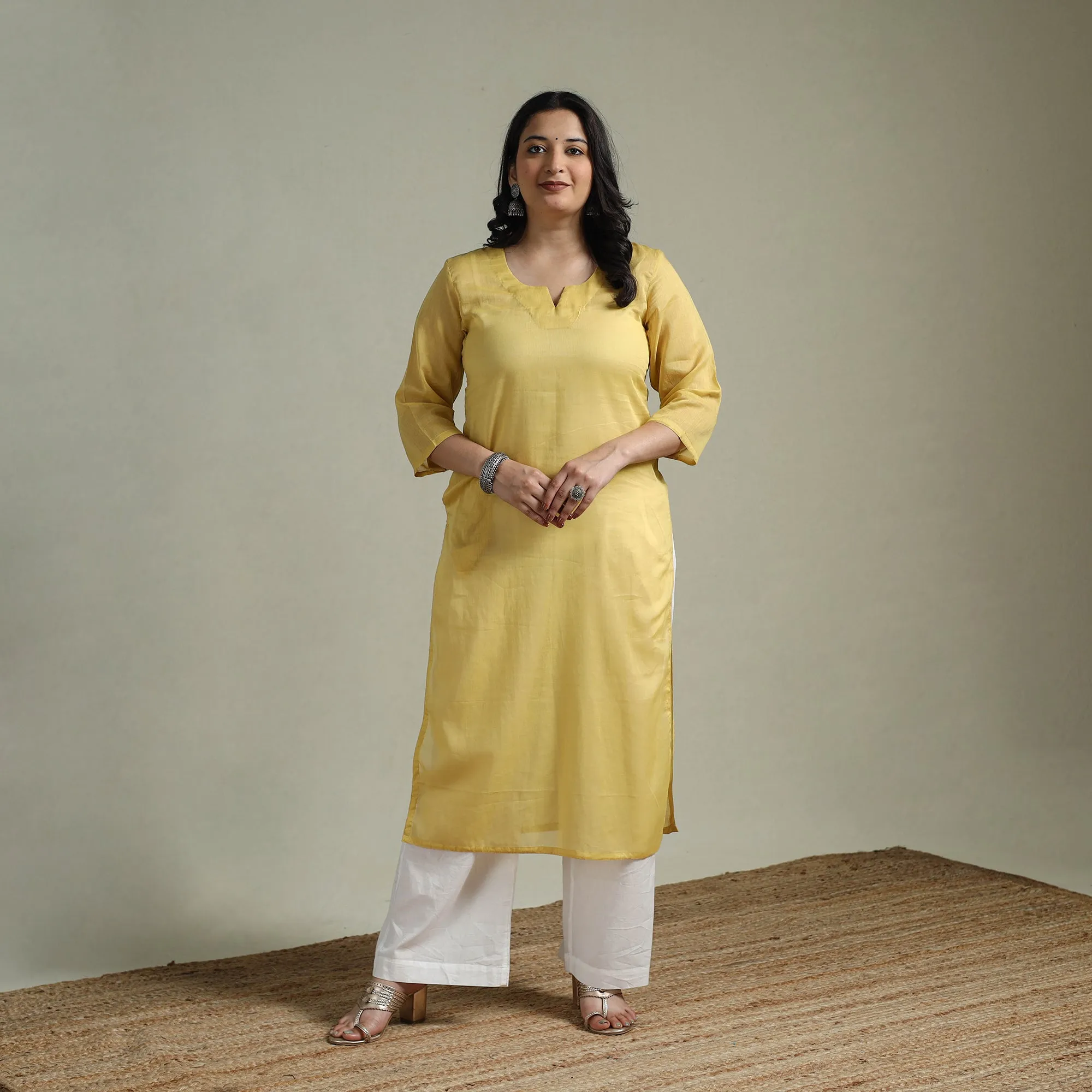 Yellow - Mulmalai Cotton Plain Dyed Straight Kurta 04 sold by Itokri