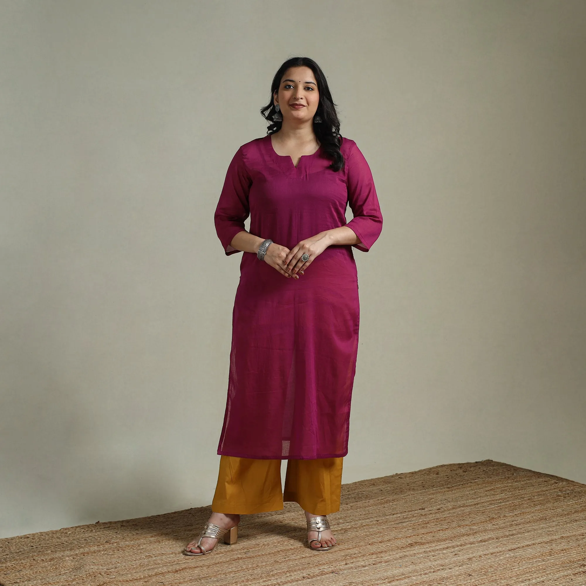 Purple - Mulmalai Cotton Plain Dyed Straight Kurta 06 sold by Itokri